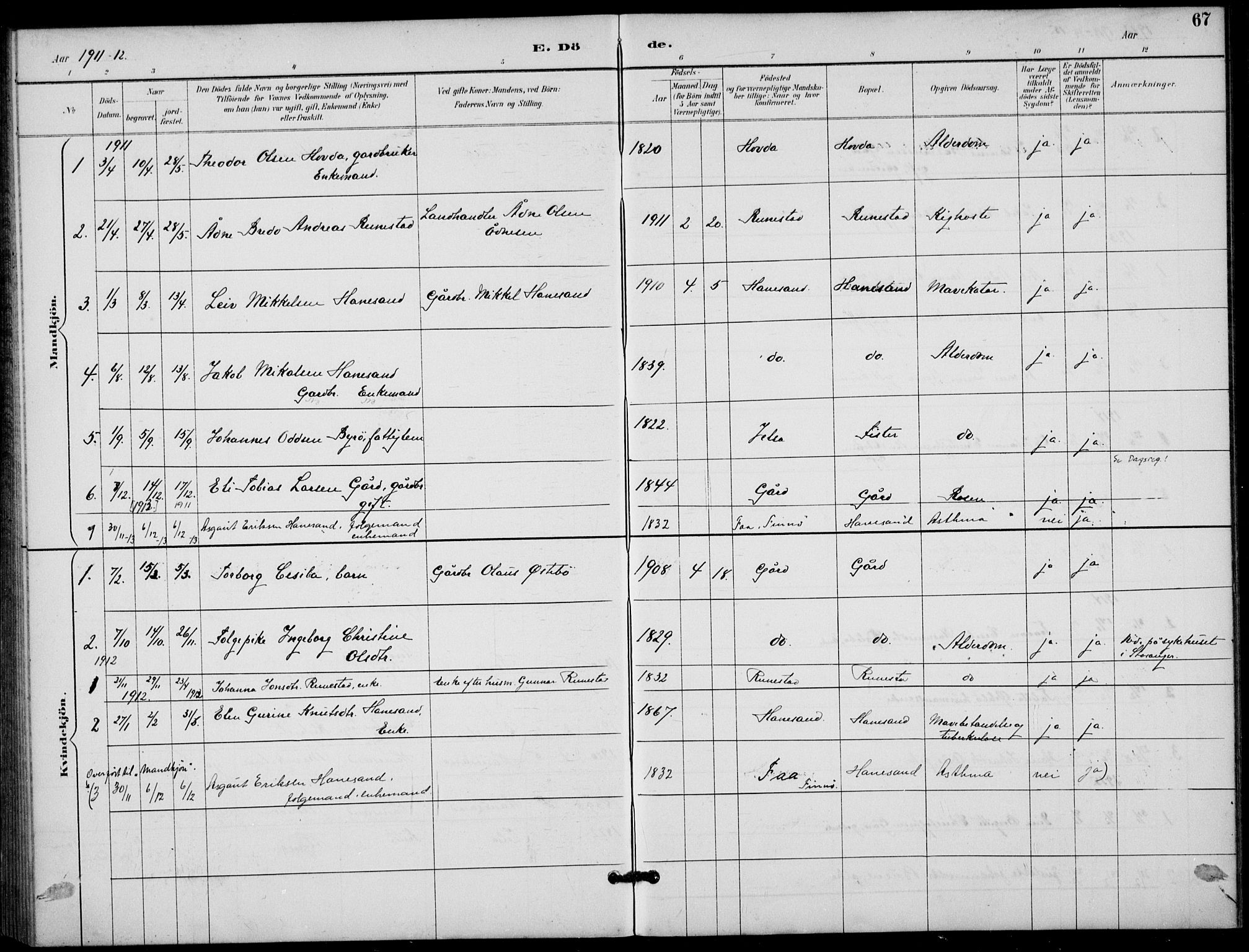 Finnøy sokneprestkontor, SAST/A-101825/H/Ha/Haa/L0012: Ministerialbok nr. A 12, 1889-1917, s. 67