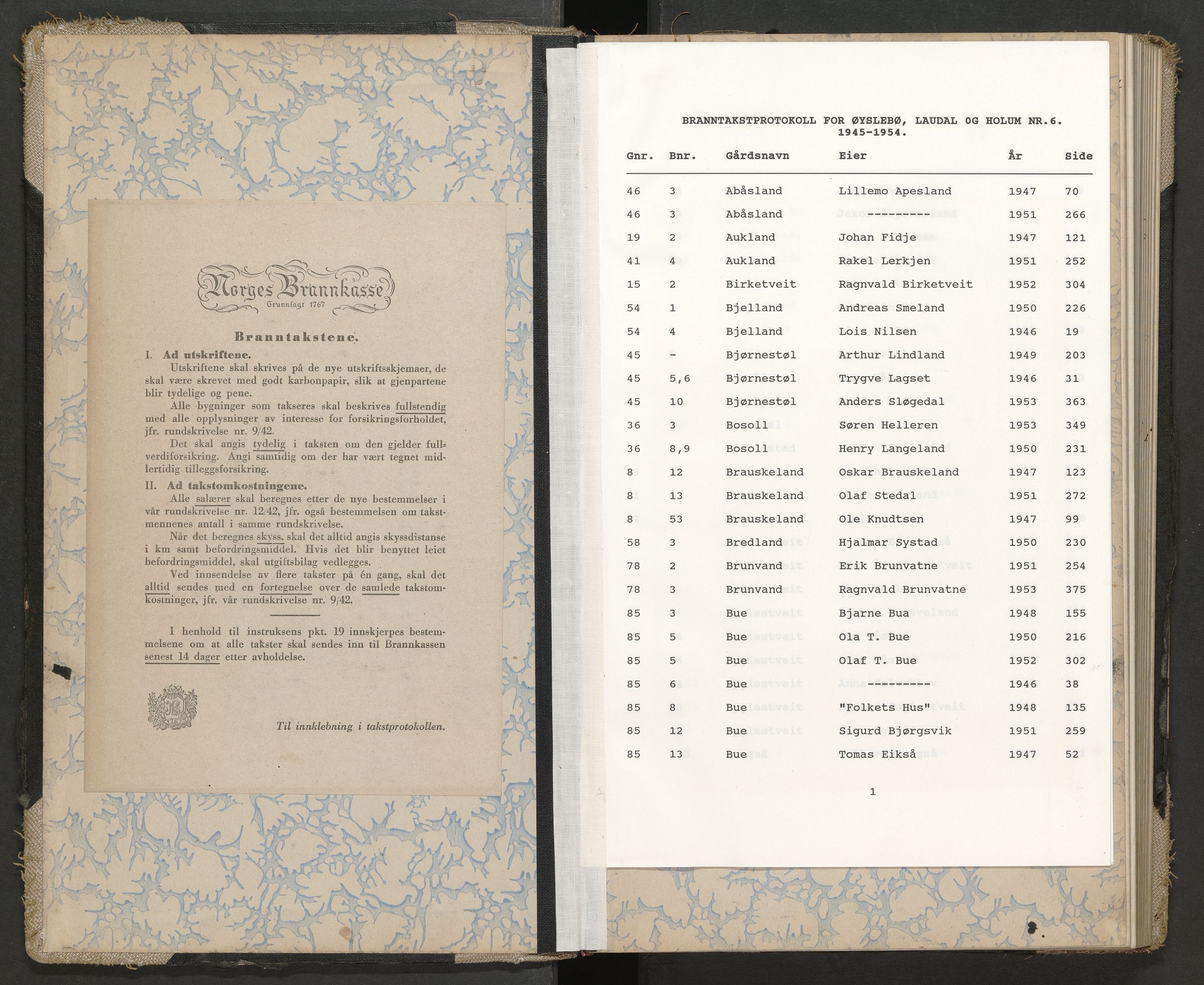 Norges Brannkasse Øyslebø og Laudal, SAK/2241-0060/F/Fa/L0006: Branntakstprotokoll nr. 6 for Øyslebø, Laudal og Holum med gårdsnavnregister, 1945-1954