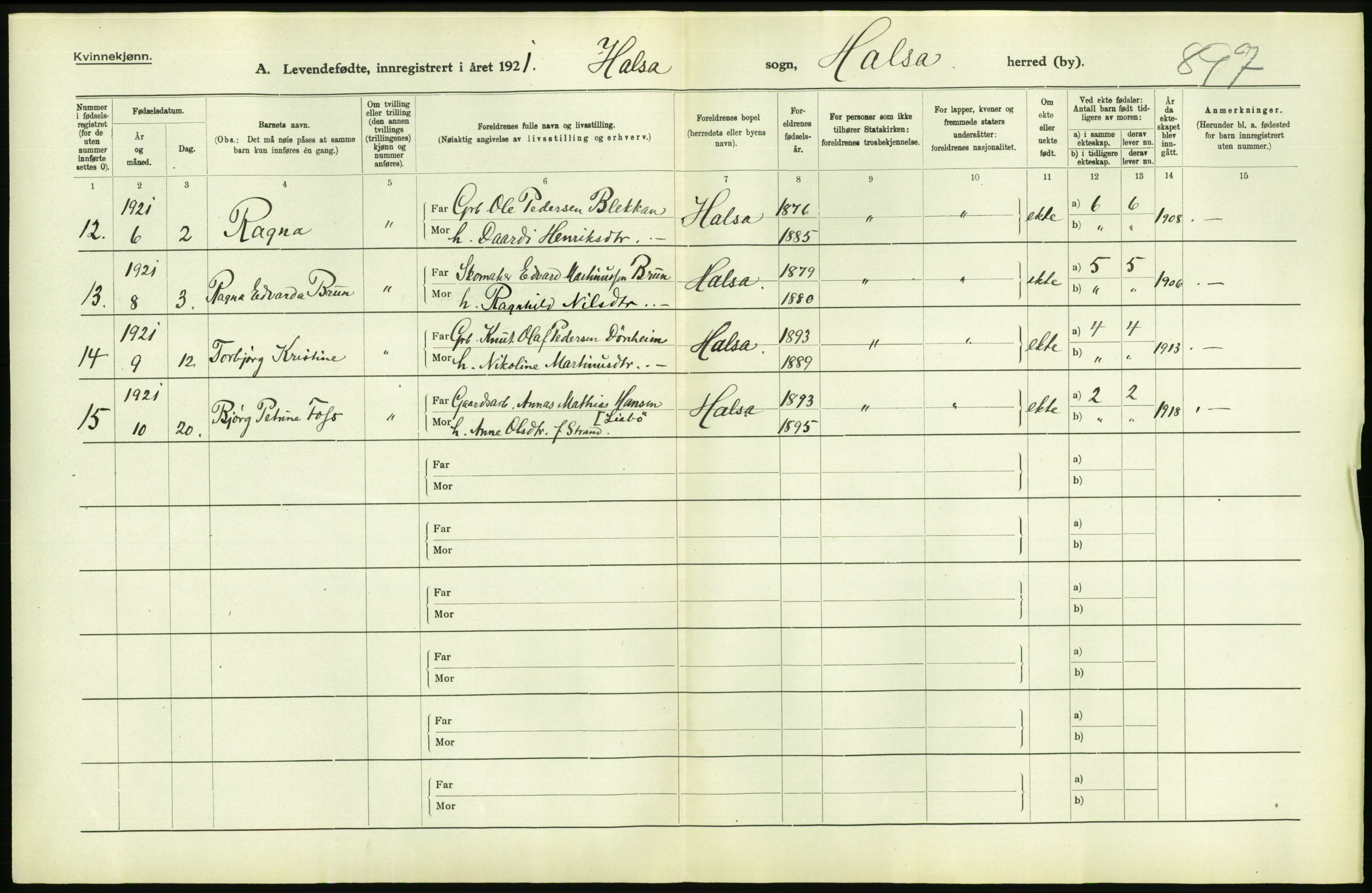 Statistisk sentralbyrå, Sosiodemografiske emner, Befolkning, AV/RA-S-2228/D/Df/Dfc/Dfca/L0040: Møre fylke: Levendefødte menn og kvinner. Bygder., 1921, s. 744
