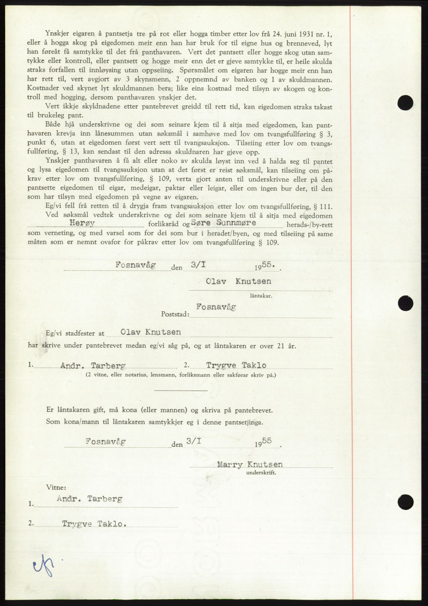 Søre Sunnmøre sorenskriveri, AV/SAT-A-4122/1/2/2C/L0126: Pantebok nr. 14B, 1954-1955, Dagboknr: 71/1955