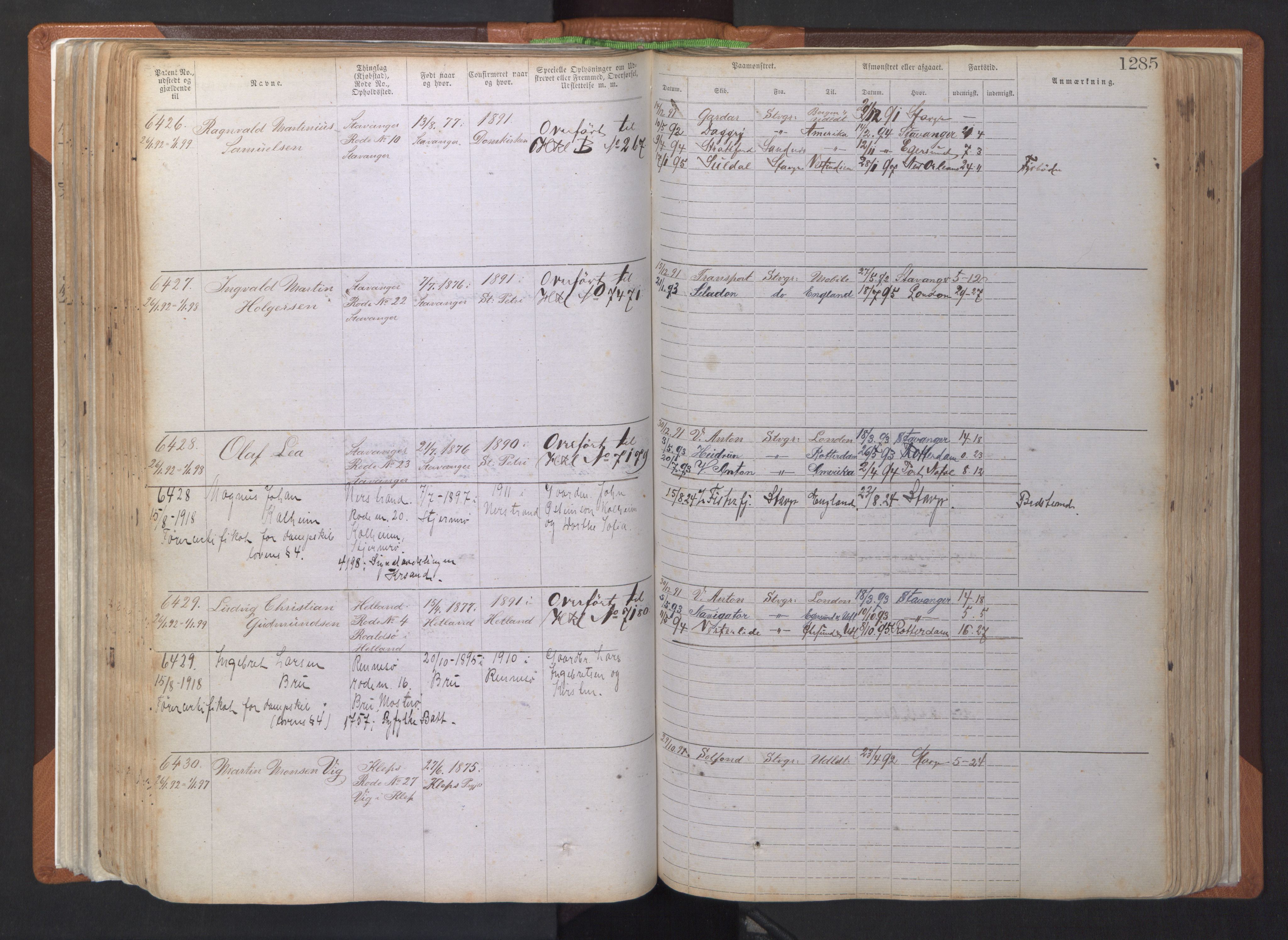 Stavanger sjømannskontor, AV/SAST-A-102006/F/Ff/L0007: Annotasjonsrulle, patentnr. 5506-7180, 1887-1900, s. 190
