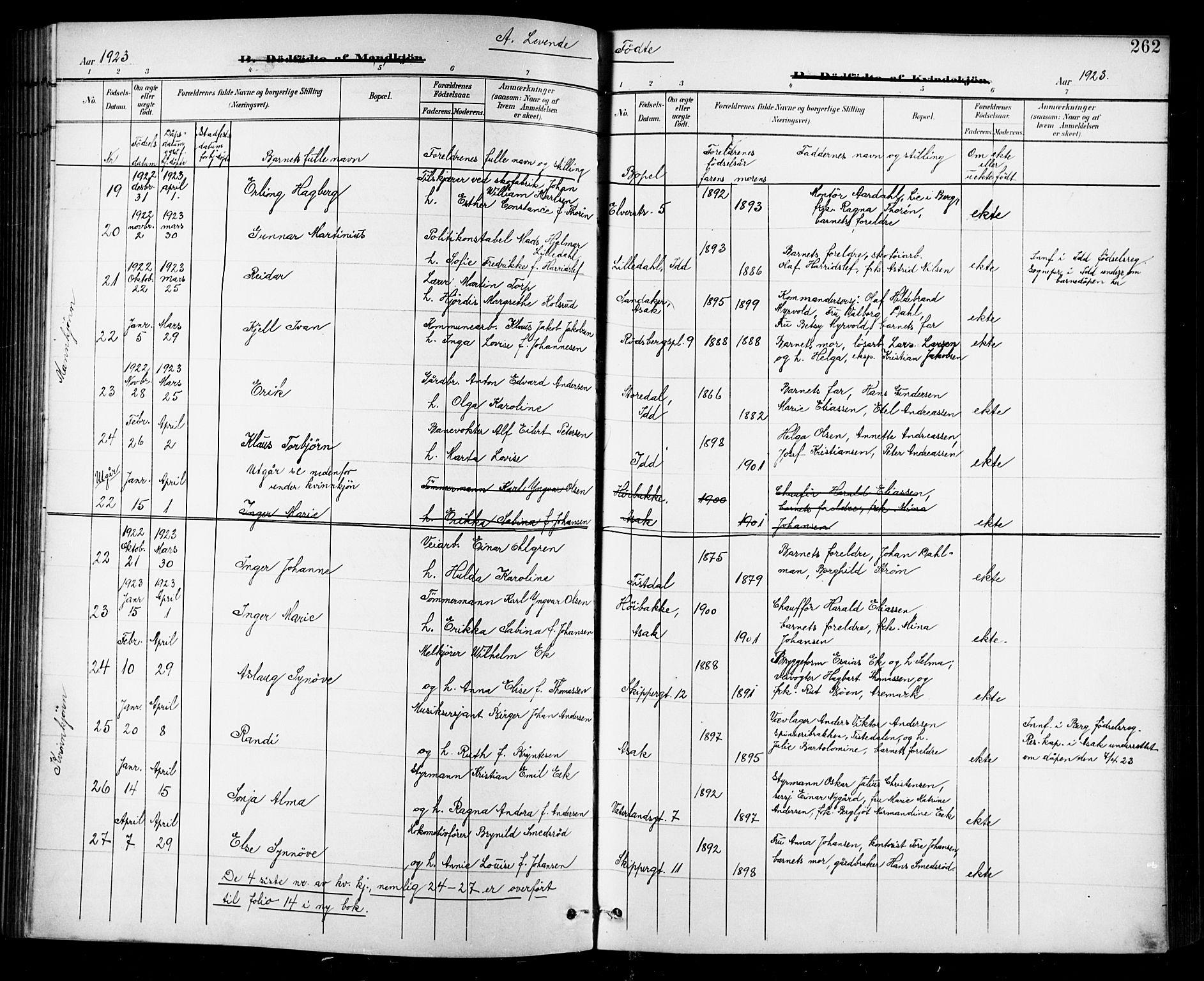 Halden prestekontor Kirkebøker, AV/SAO-A-10909/G/Ga/L0010: Klokkerbok nr. 10, 1900-1923, s. 262