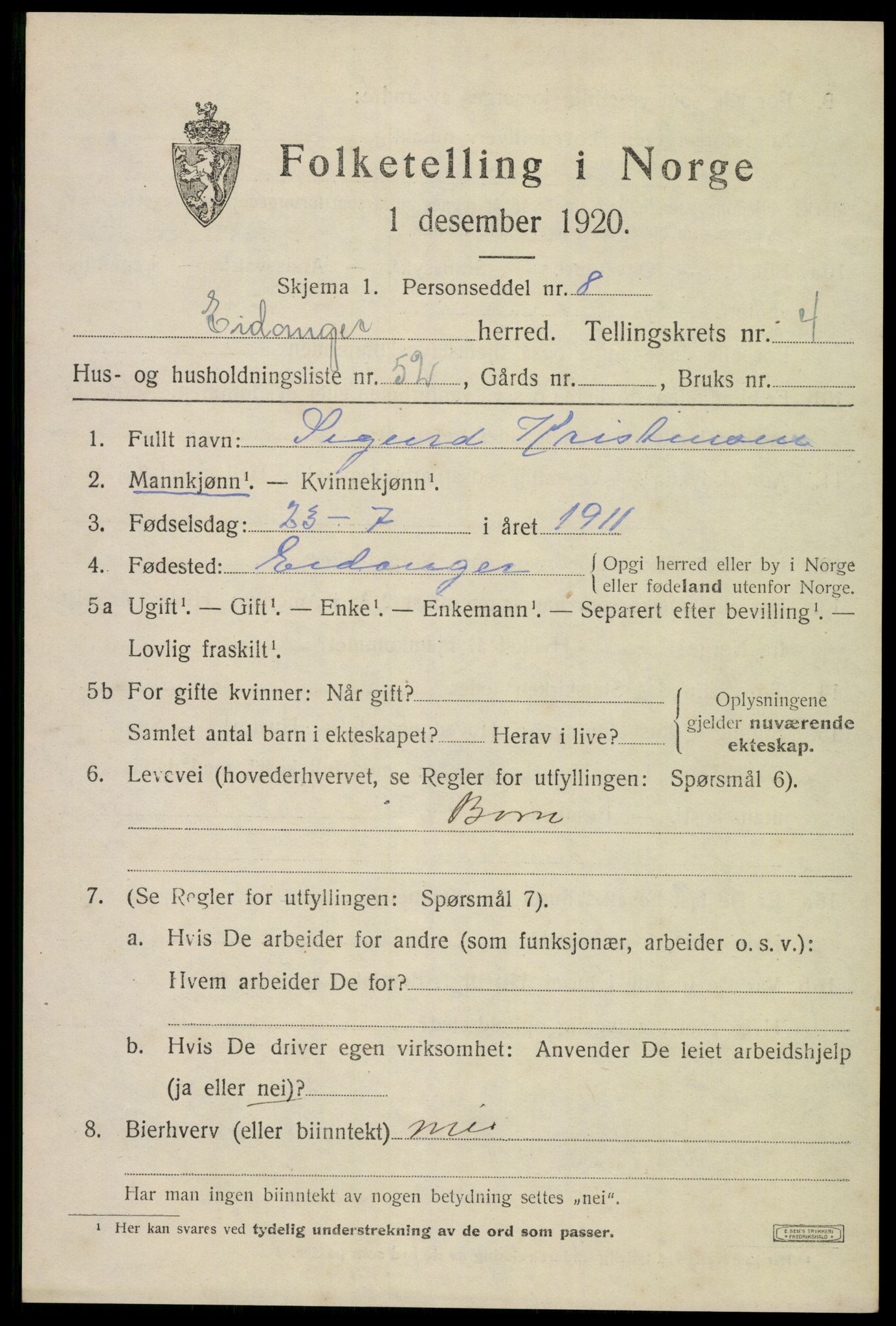 SAKO, Folketelling 1920 for 0813 Eidanger herred, 1920, s. 4350