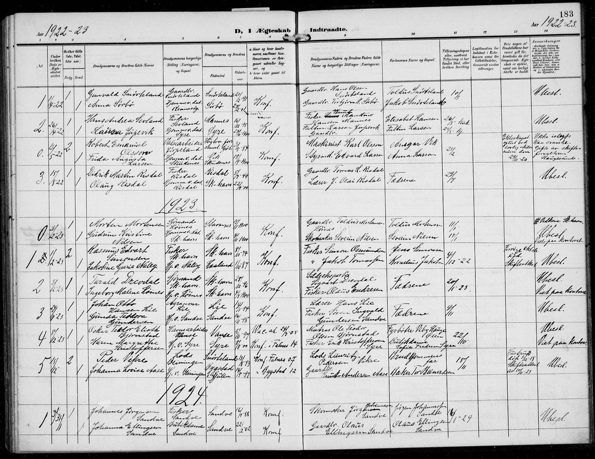 Skudenes sokneprestkontor, AV/SAST-A -101849/H/Ha/Hab/L0009: Klokkerbok nr. B 9, 1908-1936, s. 183