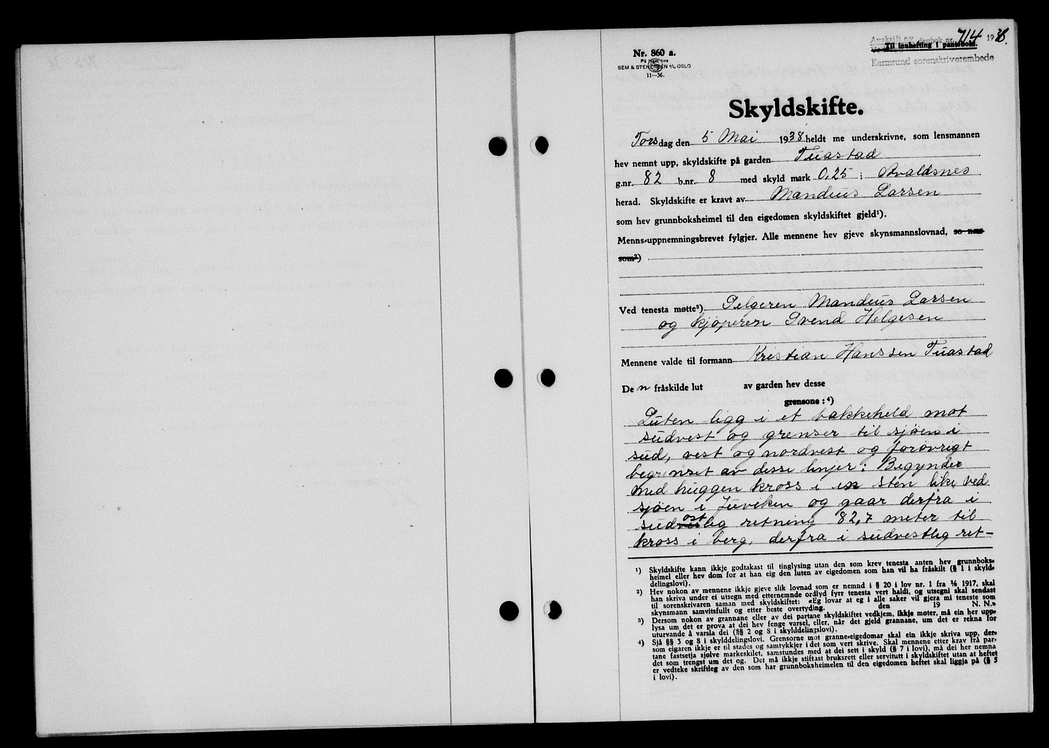 Karmsund sorenskriveri, SAST/A-100311/01/II/IIB/L0069: Pantebok nr. 50A, 1937-1938, Dagboknr: 714/1938