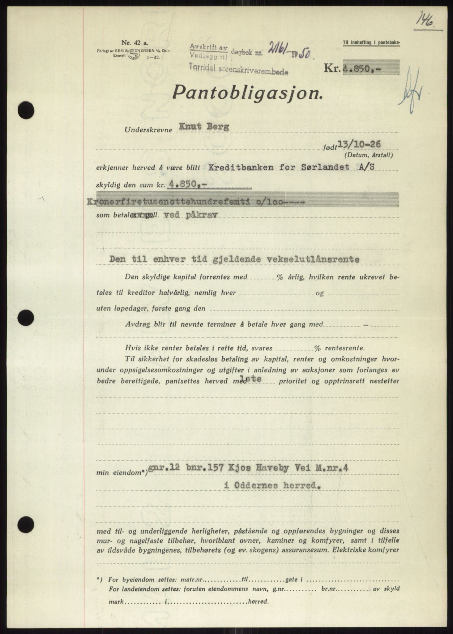 Torridal sorenskriveri, SAK/1221-0012/G/Gb/Gbb/L0020: Pantebok nr. 63B, 1950-1950, Dagboknr: 2161/1950