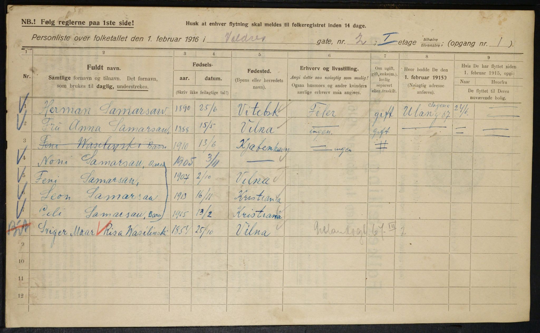 OBA, Kommunal folketelling 1.2.1916 for Kristiania, 1916, s. 125364