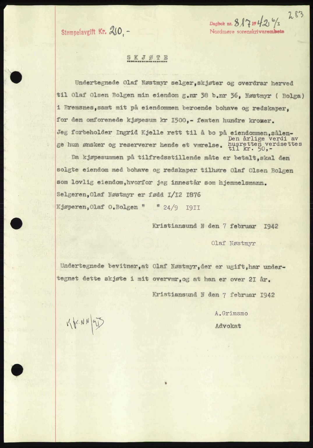Nordmøre sorenskriveri, SAT/A-4132/1/2/2Ca: Pantebok nr. A92, 1942-1942, Dagboknr: 817/1942