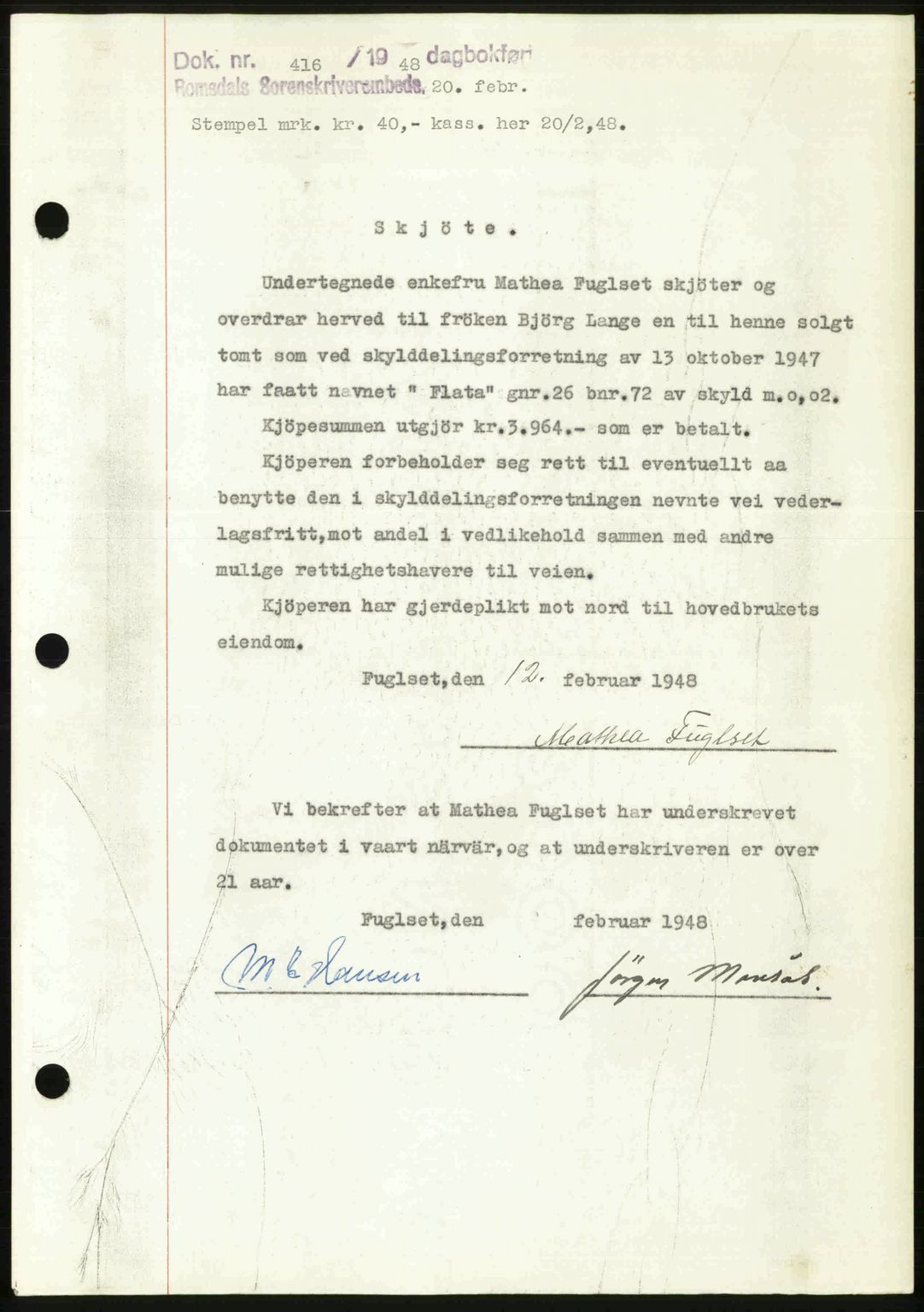 Romsdal sorenskriveri, SAT/A-4149/1/2/2C: Pantebok nr. A25, 1948-1948, Dagboknr: 416/1948