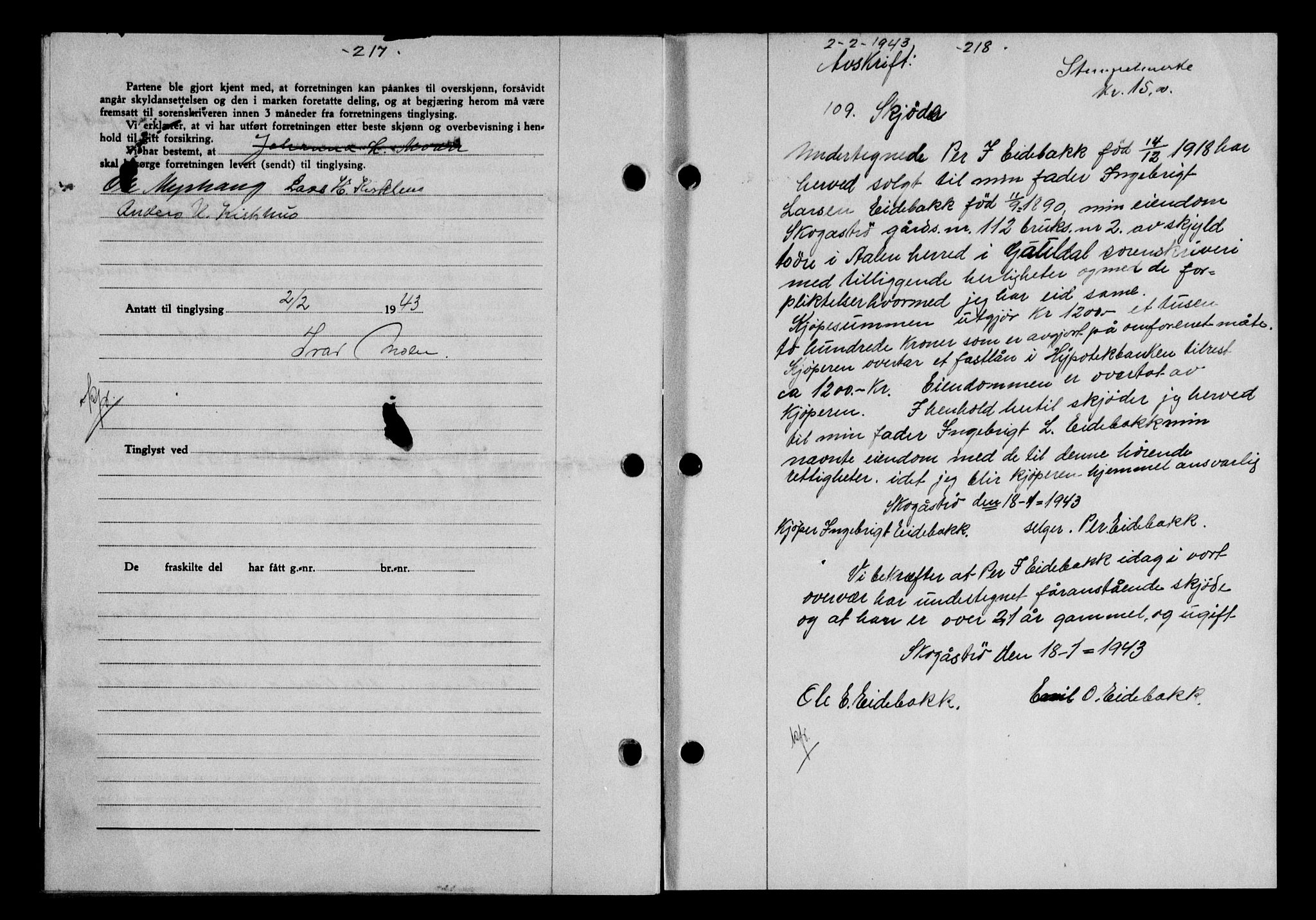 Gauldal sorenskriveri, SAT/A-0014/1/2/2C/L0056: Pantebok nr. 61, 1942-1943, Dagboknr: 109/1943