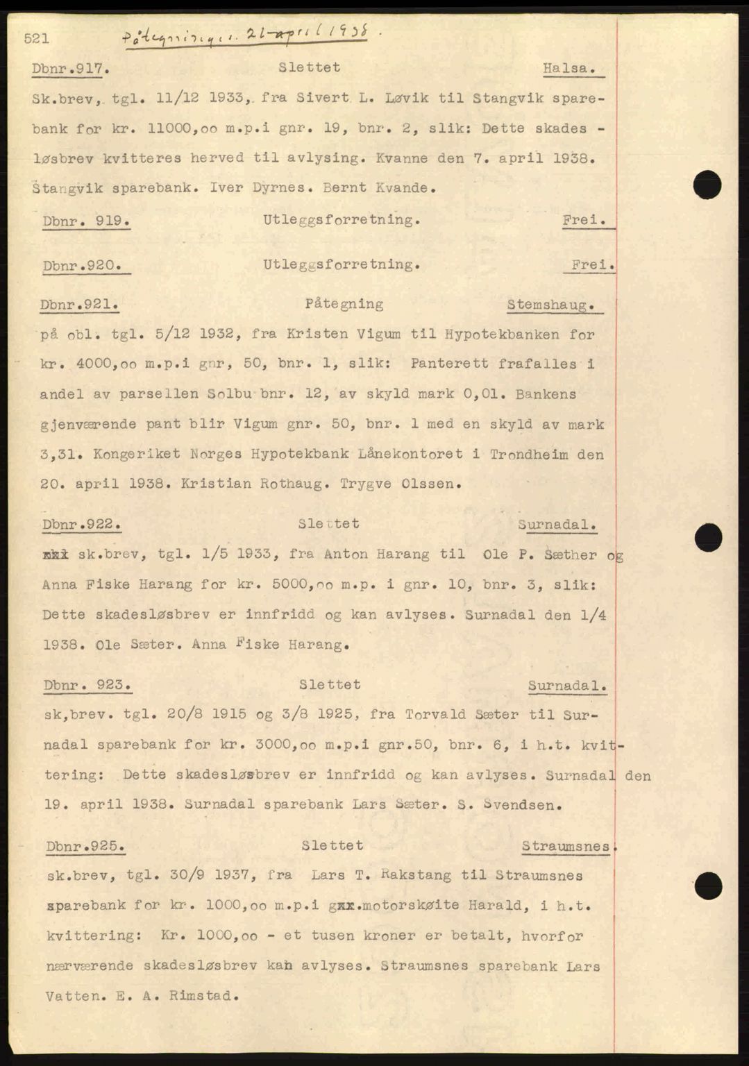 Nordmøre sorenskriveri, SAT/A-4132/1/2/2Ca: Pantebok nr. C80, 1936-1939, Dagboknr: 917/1938