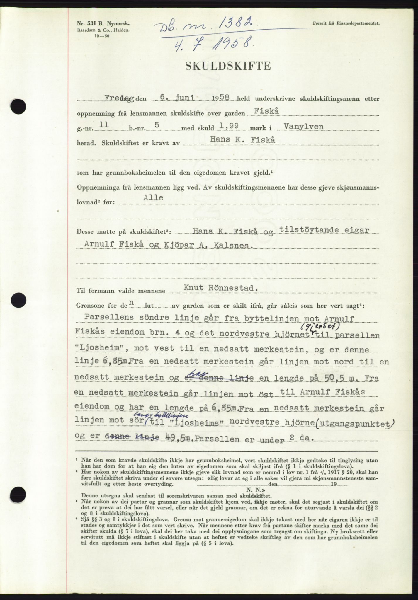 Søre Sunnmøre sorenskriveri, SAT/A-4122/1/2/2C/L0109: Pantebok nr. 35A, 1958-1958, Dagboknr: 1382/1958