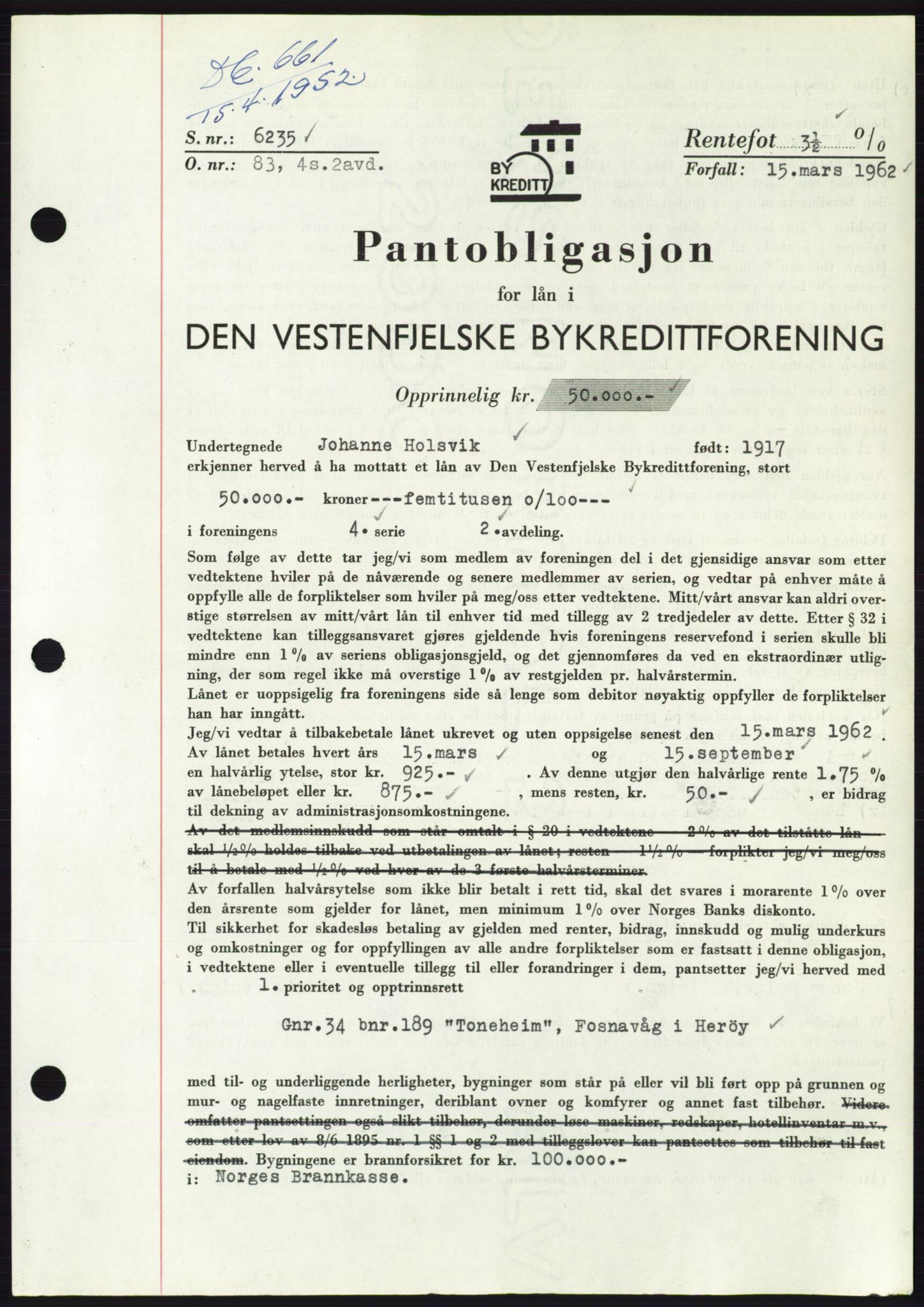 Søre Sunnmøre sorenskriveri, AV/SAT-A-4122/1/2/2C/L0121: Pantebok nr. 9B, 1951-1952, Dagboknr: 661/1952