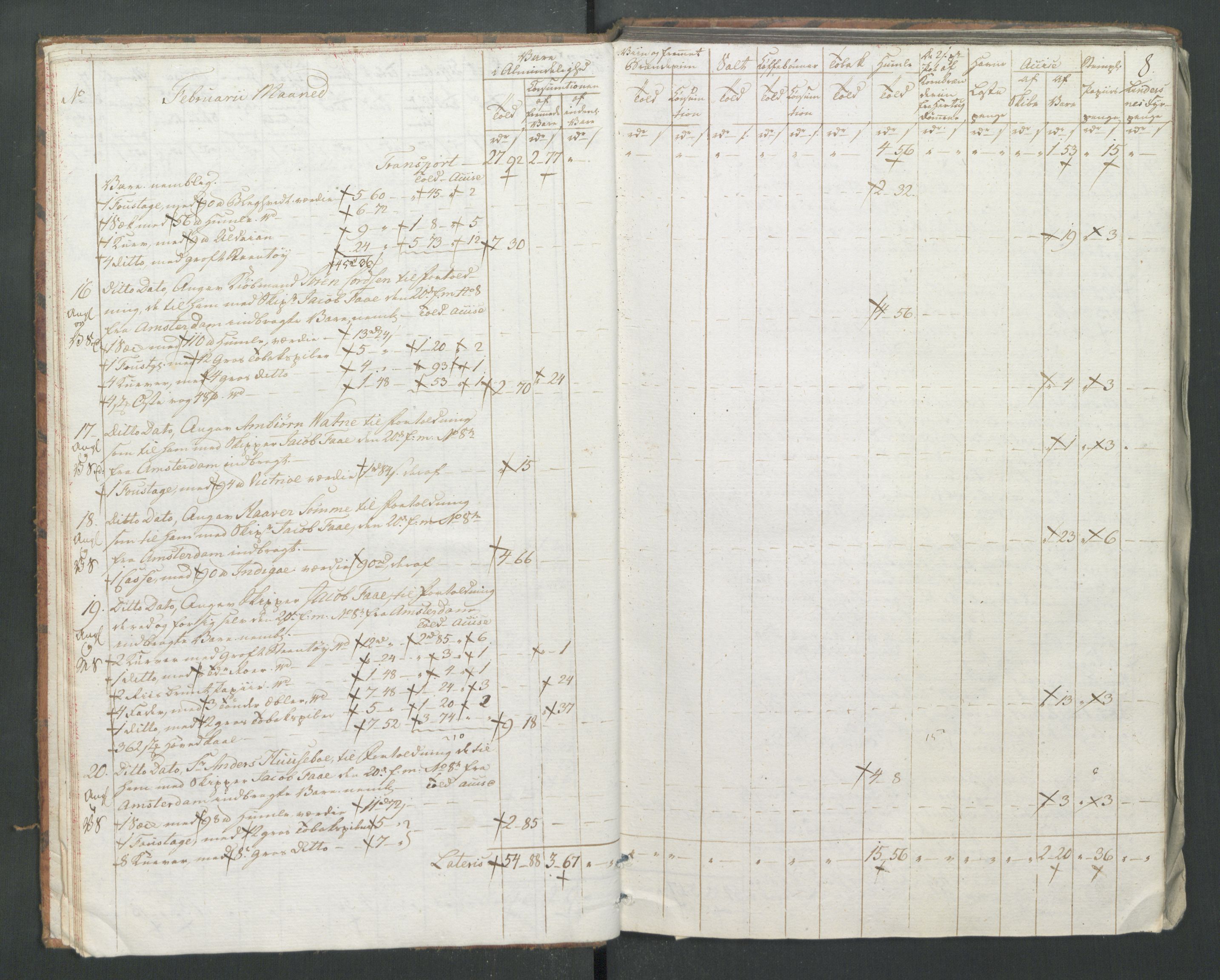 Generaltollkammeret, tollregnskaper, AV/RA-EA-5490/R22/L0056/0001: Tollregnskaper Stavanger / Tollbok, 1794, s. 7b-8a