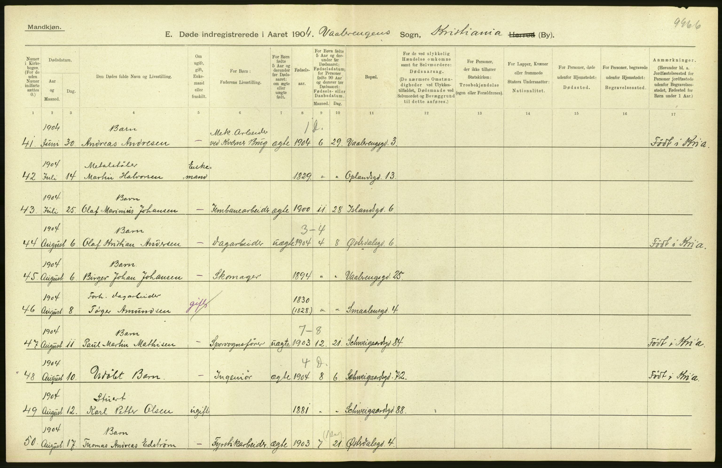 Statistisk sentralbyrå, Sosiodemografiske emner, Befolkning, AV/RA-S-2228/D/Df/Dfa/Dfab/L0004: Kristiania: Gifte, døde, 1904, s. 418