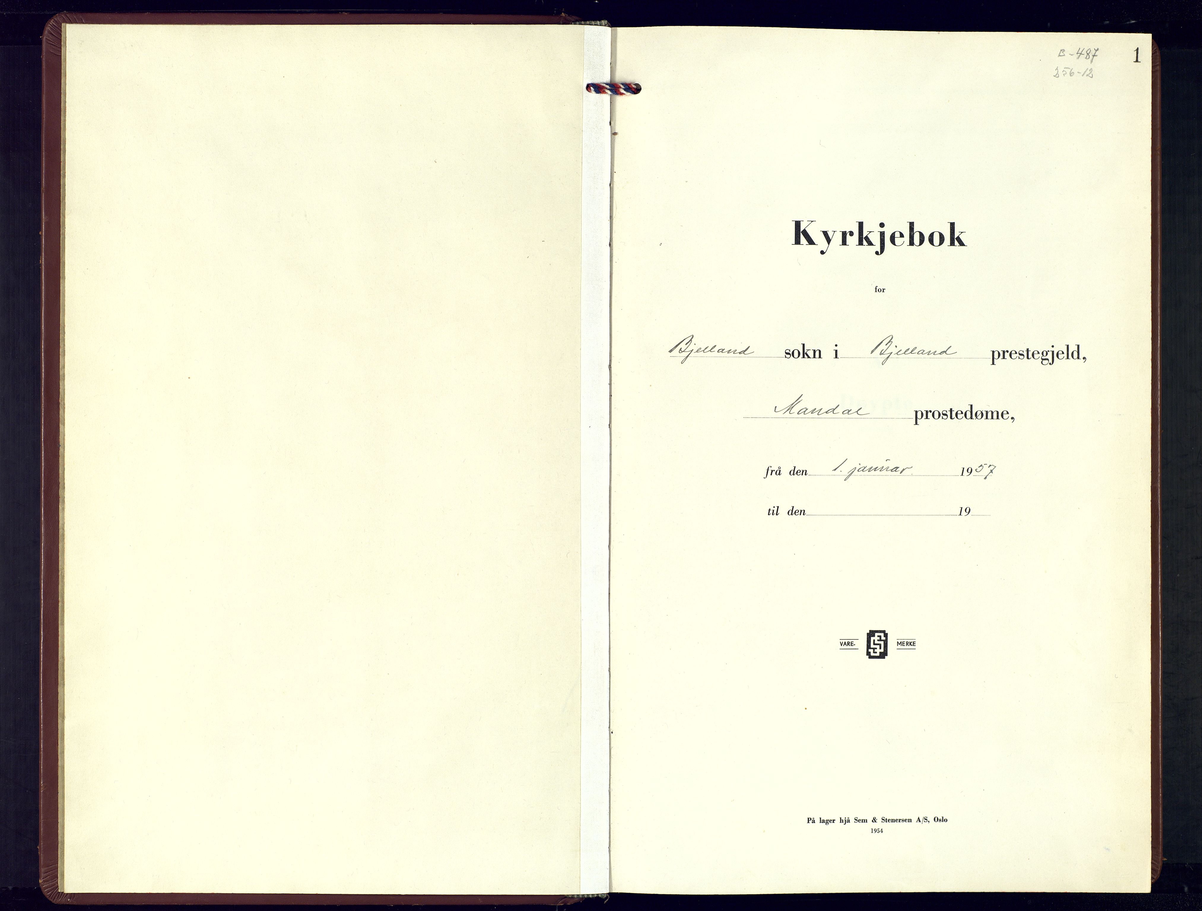 Bjelland sokneprestkontor, SAK/1111-0005/F/Fb/Fba/L0007: Klokkerbok nr. B-7, 1956-1977, s. 1
