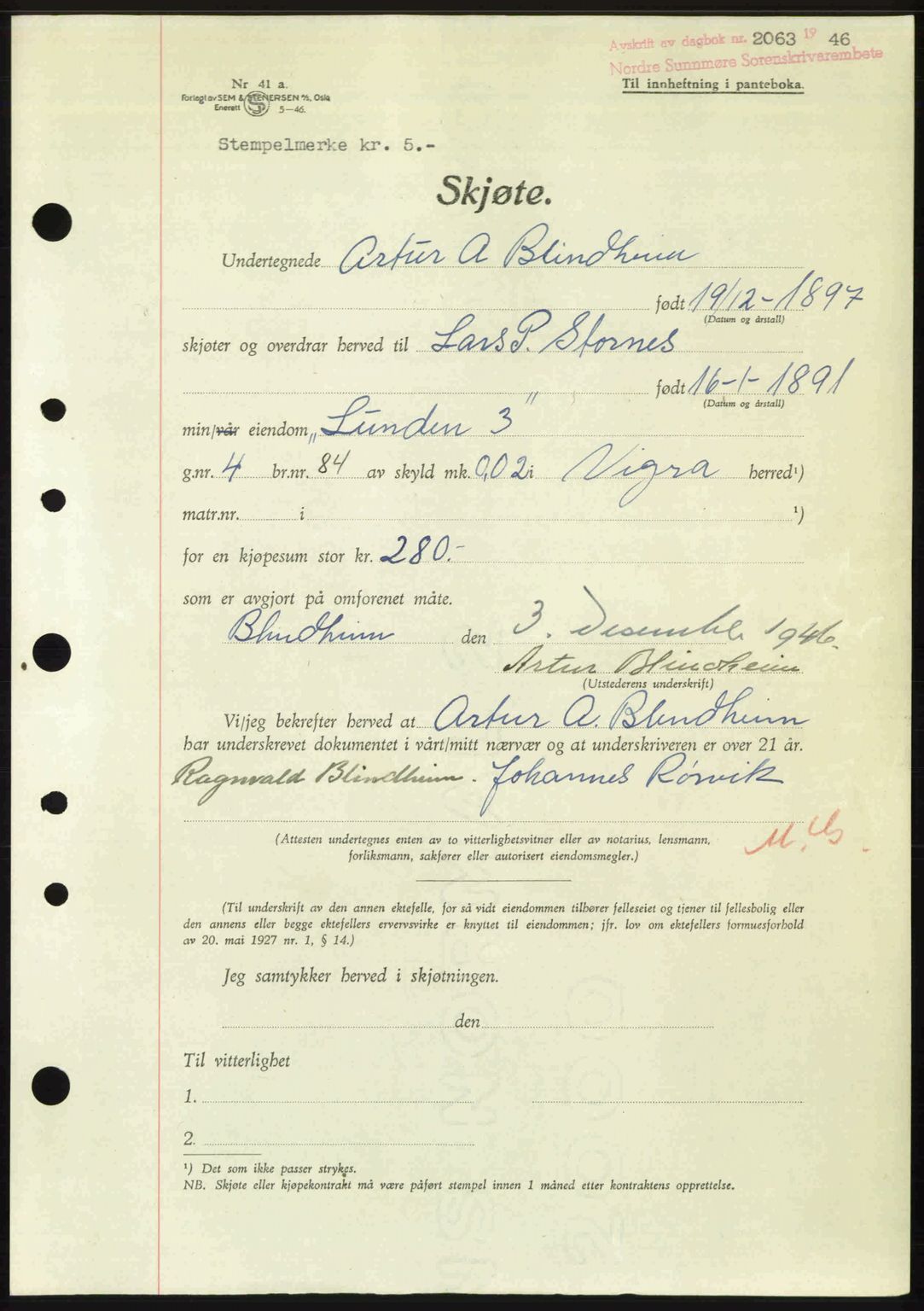 Nordre Sunnmøre sorenskriveri, AV/SAT-A-0006/1/2/2C/2Ca: Pantebok nr. A23, 1946-1947, Dagboknr: 2063/1946