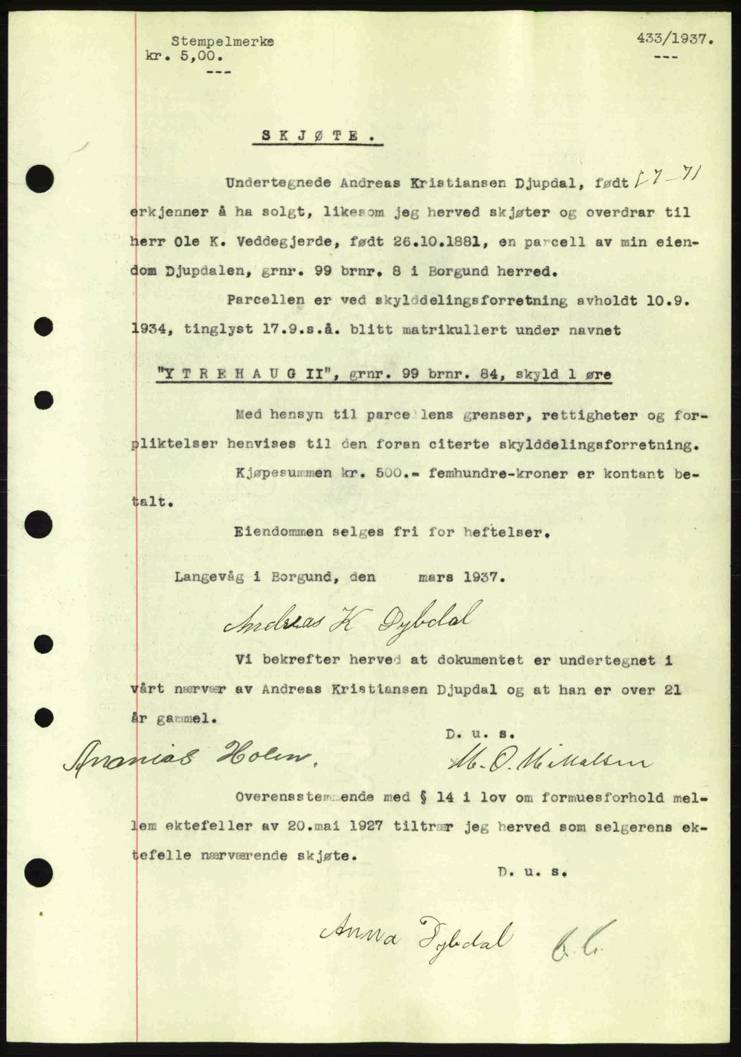 Nordre Sunnmøre sorenskriveri, SAT/A-0006/1/2/2C/2Ca: Pantebok nr. A2, 1936-1937, Dagboknr: 433/1937