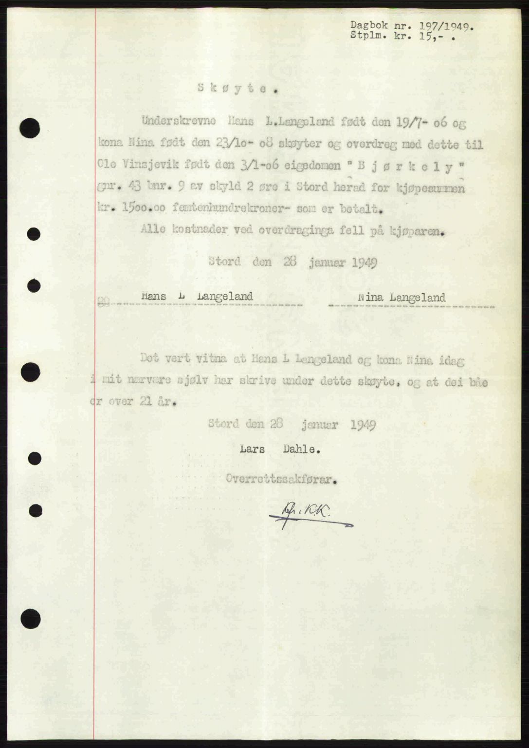 Sunnhordland sorenskrivar, AV/SAB-A-2401: Pantebok nr. A88, 1948-1949, Dagboknr: 197/1949
