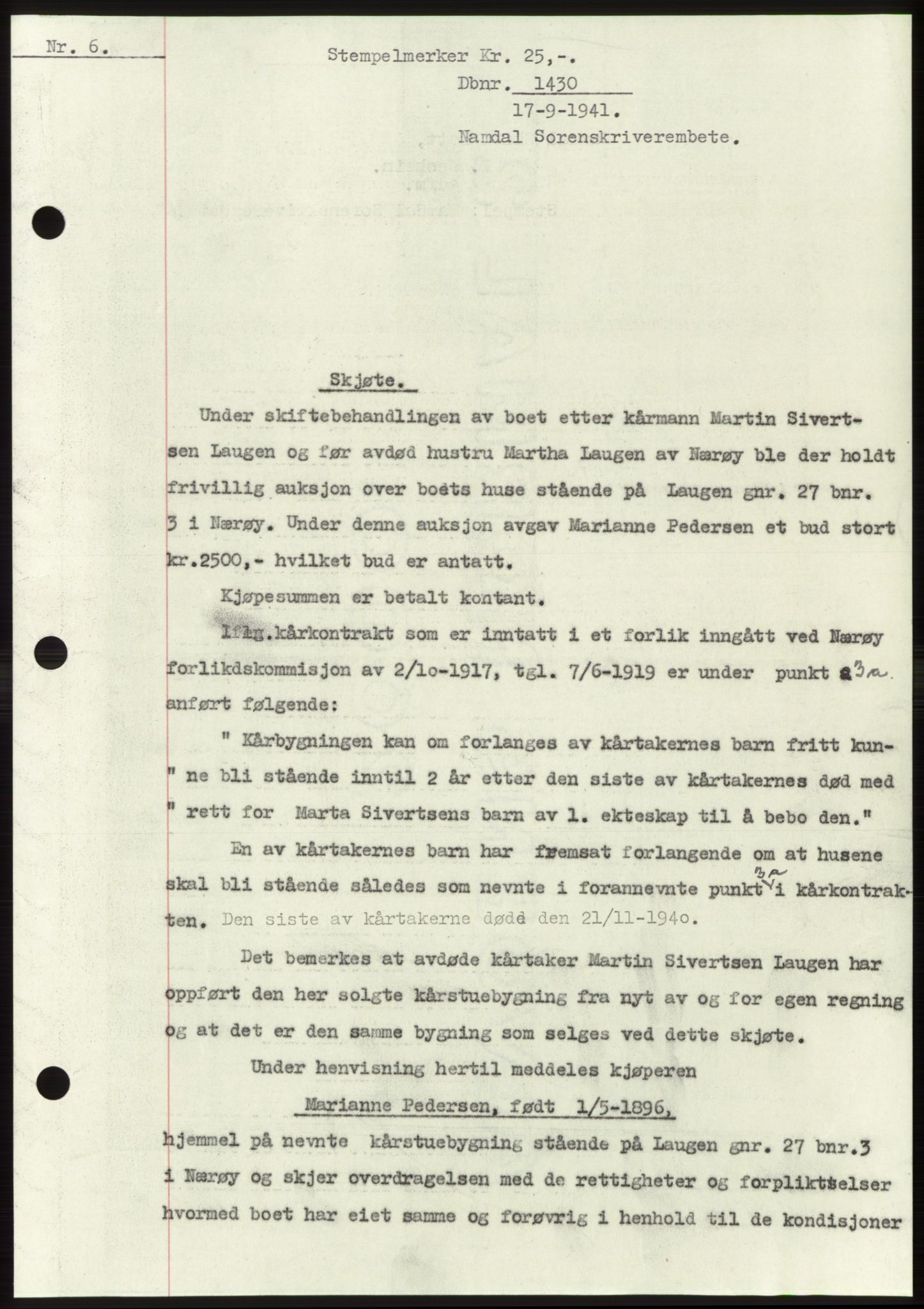 Namdal sorenskriveri, SAT/A-4133/1/2/2C: Pantebok nr. -, 1941-1942, Dagboknr: 1430/1941