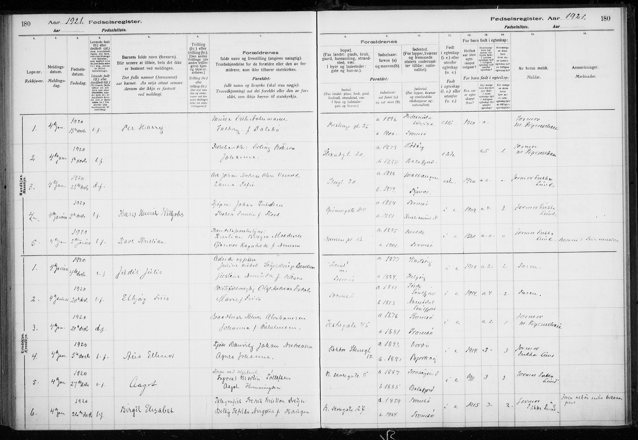 Tromsø sokneprestkontor/stiftsprosti/domprosti, AV/SATØ-S-1343/H/Ha/L0131: Fødselsregister nr. 131, 1916-1921, s. 180