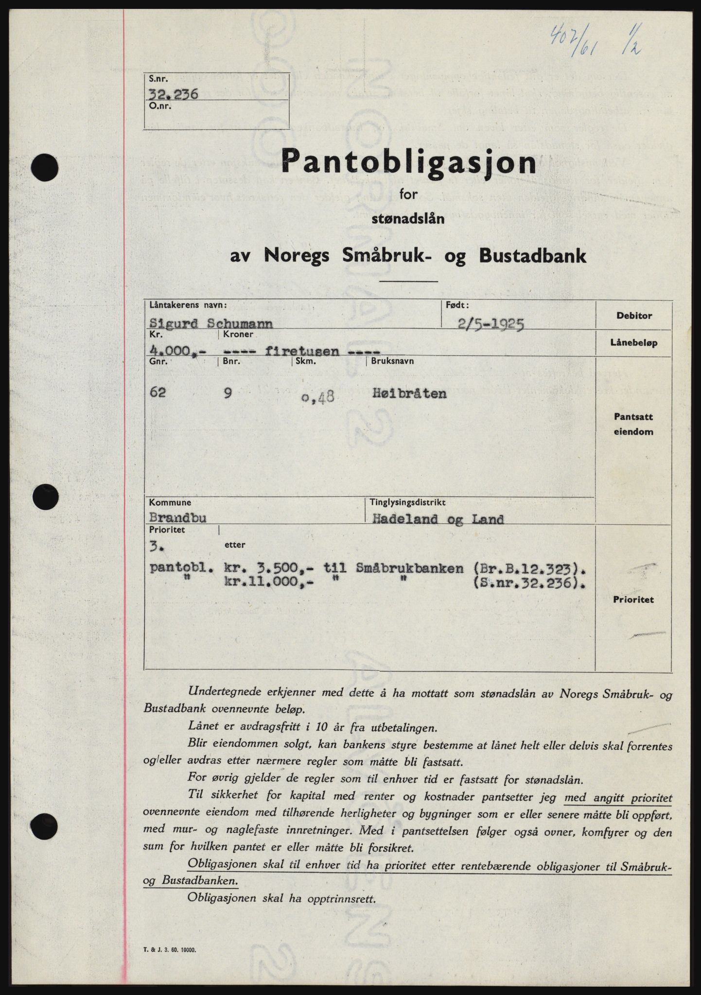 Hadeland og Land tingrett, SAH/TING-010/H/Hb/Hbc/L0045: Pantebok nr. B45, 1961-1961, Dagboknr: 407/1961
