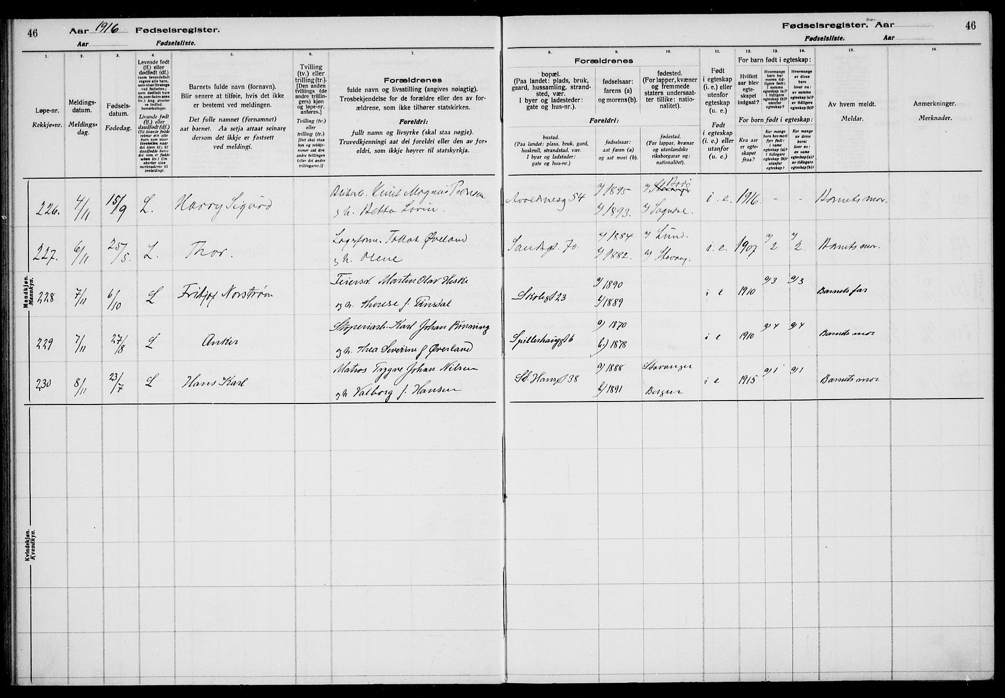 St. Johannes sokneprestkontor, AV/SAST-A-101814/002/A/L0001: Fødselsregister nr. 1, 1916-1919, s. 46