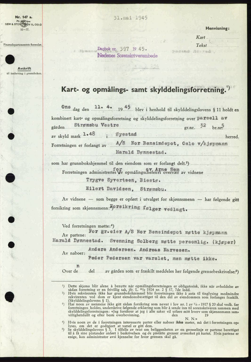 Nedenes sorenskriveri, SAK/1221-0006/G/Gb/Gba/L0052: Pantebok nr. A6a, 1944-1945, Dagboknr: 397/1945