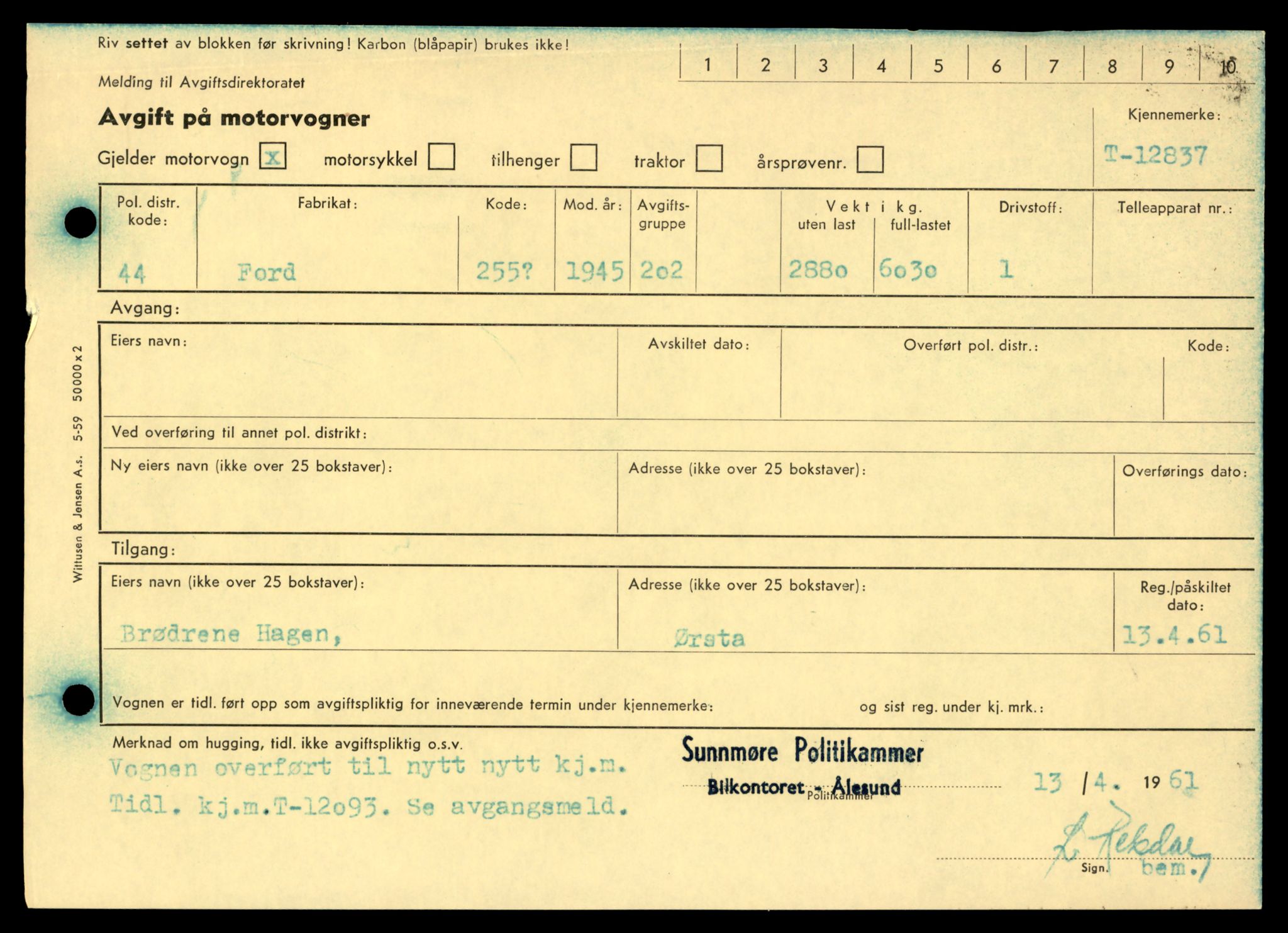 Møre og Romsdal vegkontor - Ålesund trafikkstasjon, AV/SAT-A-4099/F/Fe/L0036: Registreringskort for kjøretøy T 12831 - T 13030, 1927-1998, s. 165
