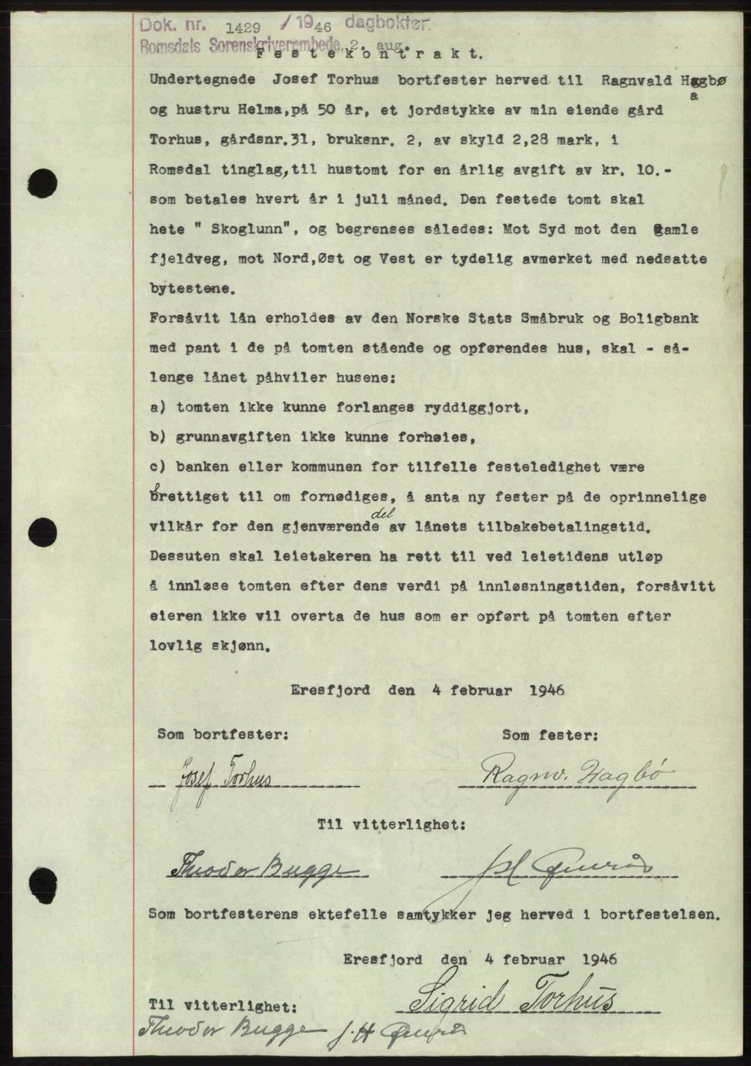 Romsdal sorenskriveri, AV/SAT-A-4149/1/2/2C: Pantebok nr. A20, 1946-1946, Dagboknr: 1429/1946