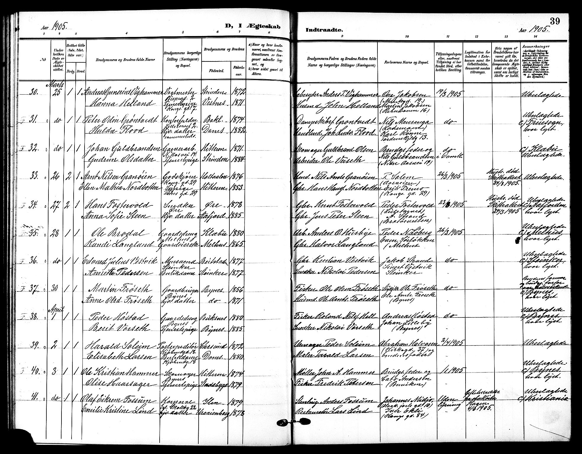 Ministerialprotokoller, klokkerbøker og fødselsregistre - Sør-Trøndelag, SAT/A-1456/601/L0095: Klokkerbok nr. 601C13, 1902-1911, s. 39