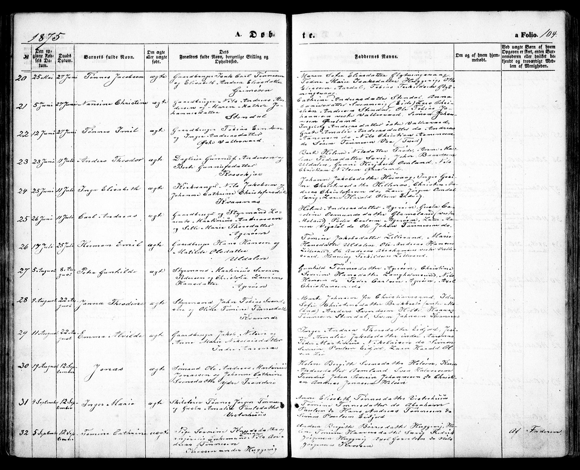Høvåg sokneprestkontor, SAK/1111-0025/F/Fa/L0004: Ministerialbok nr. A 4, 1859-1877, s. 104