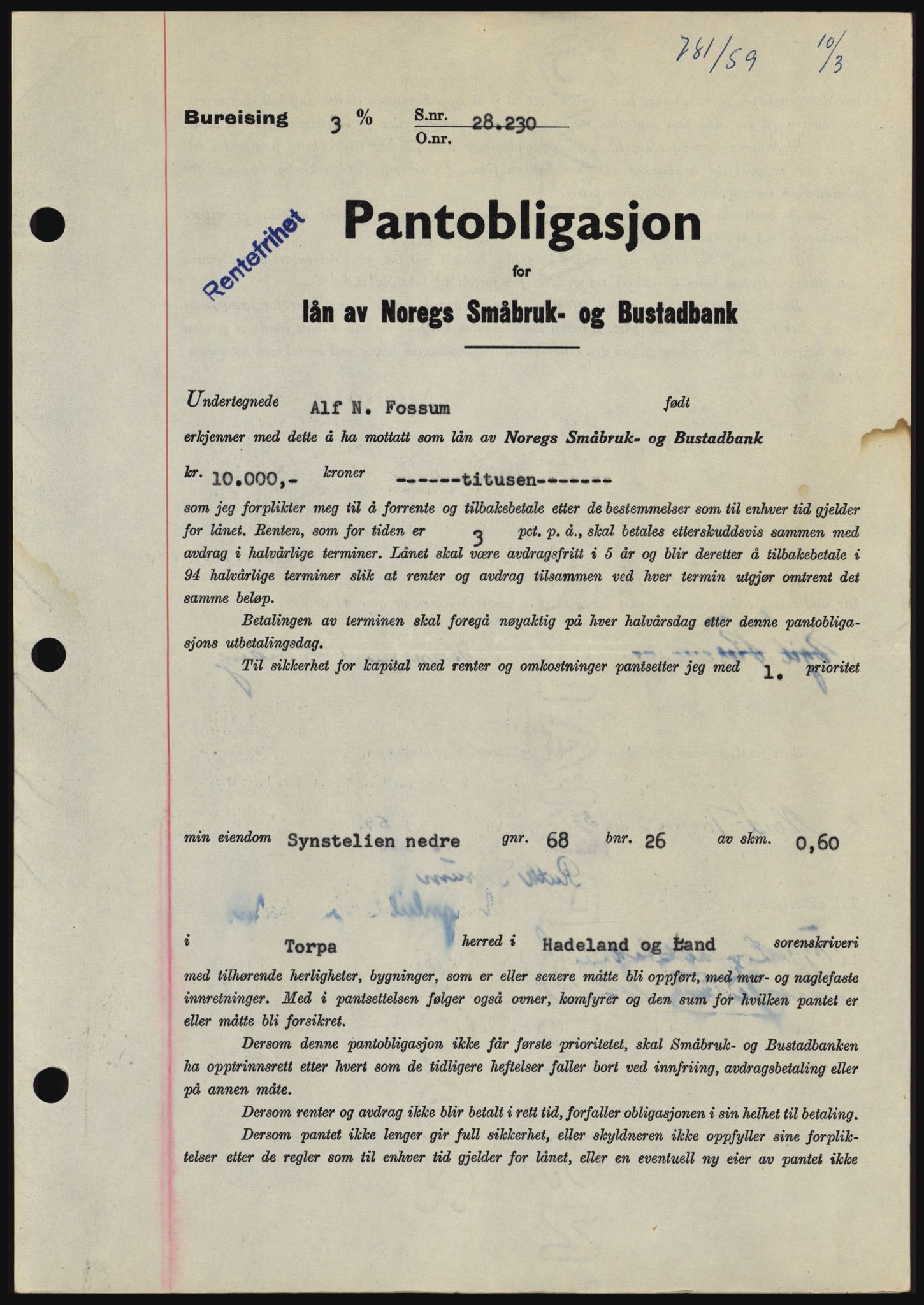 Hadeland og Land tingrett, SAH/TING-010/H/Hb/Hbc/L0040: Pantebok nr. B40, 1959-1959, Dagboknr: 781/1959