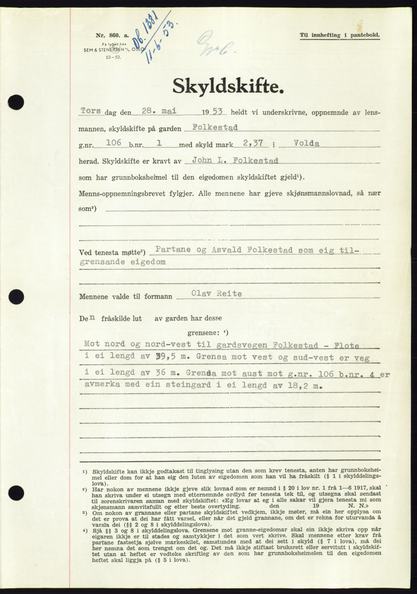 Søre Sunnmøre sorenskriveri, AV/SAT-A-4122/1/2/2C/L0095: Pantebok nr. 21A, 1953-1953, Dagboknr: 1381/1953