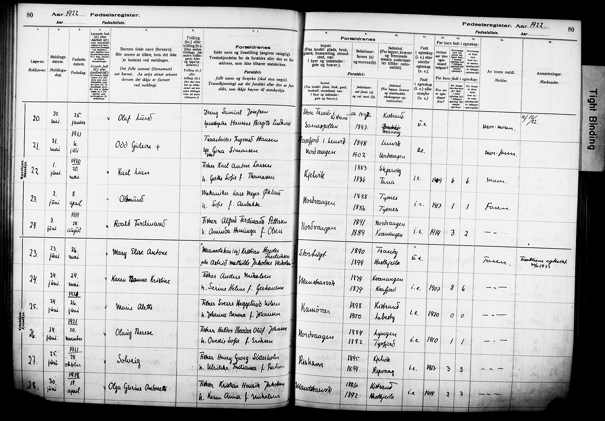 Kjelvik/Nordkapp sokneprestkontor, AV/SATØ-S-1350/I/Ia/L0015: Fødselsregister nr. 15, 1916-1930, s. 80