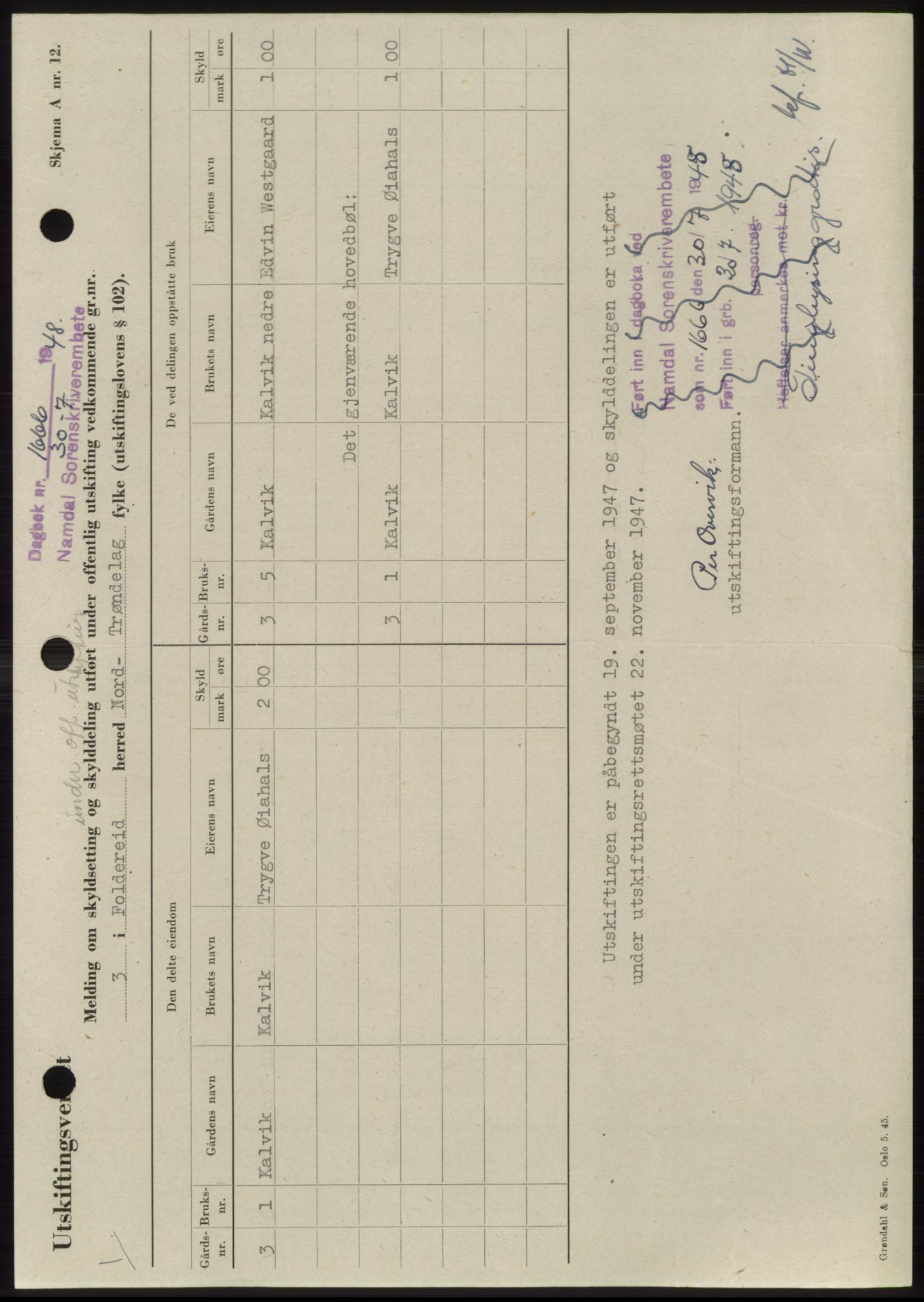 Namdal sorenskriveri, SAT/A-4133/1/2/2C: Pantebok nr. -, 1948-1948, Dagboknr: 1666/1948