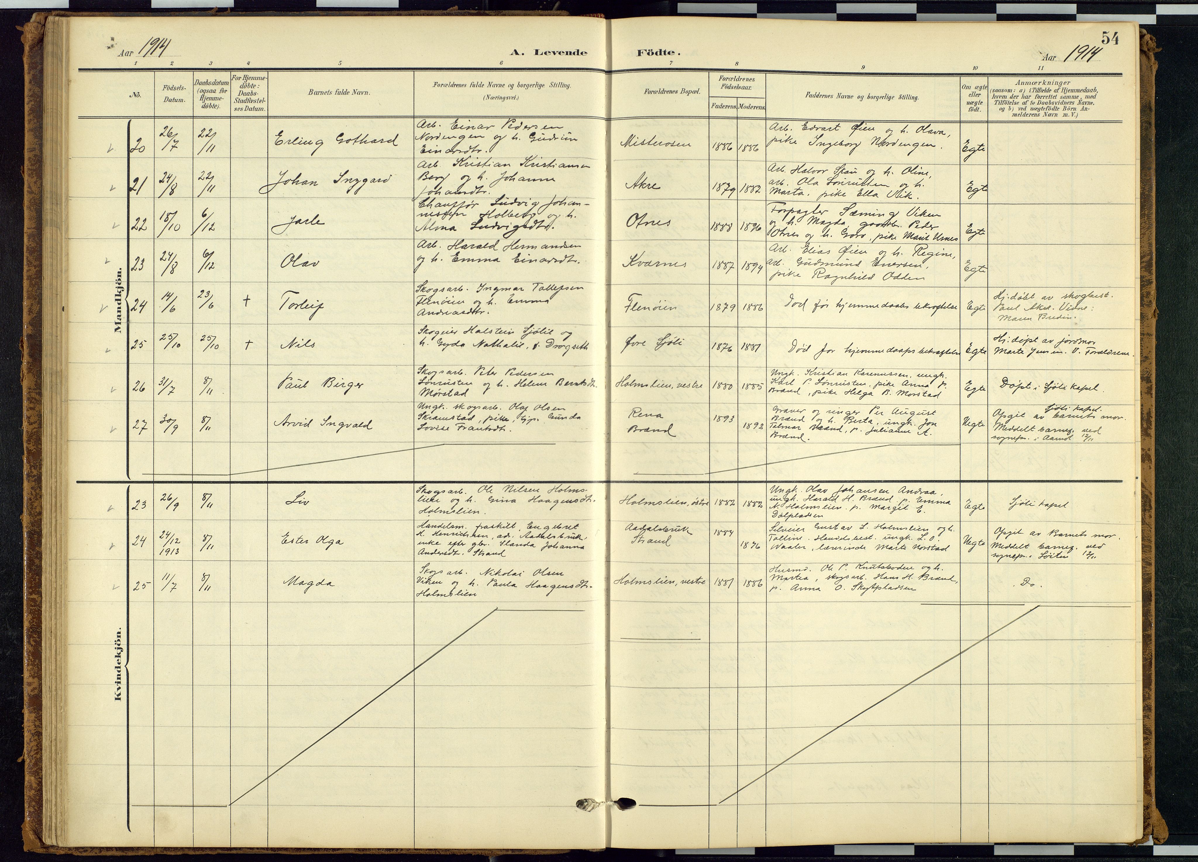 Rendalen prestekontor, AV/SAH-PREST-054/H/Ha/Hab/L0010: Klokkerbok nr. 10, 1903-1940, s. 54