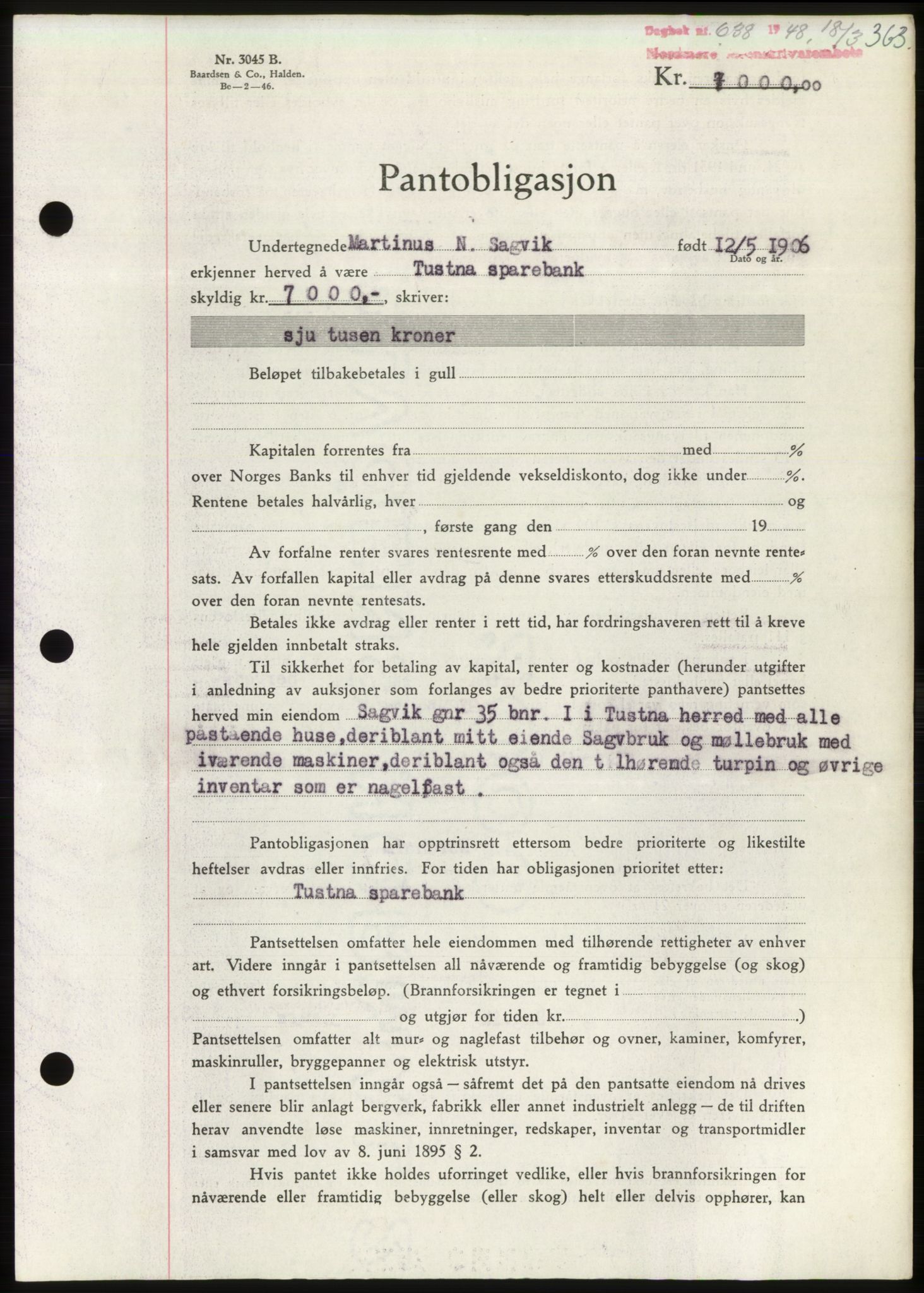 Nordmøre sorenskriveri, SAT/A-4132/1/2/2Ca: Pantebok nr. B98, 1948-1948, Dagboknr: 638/1948