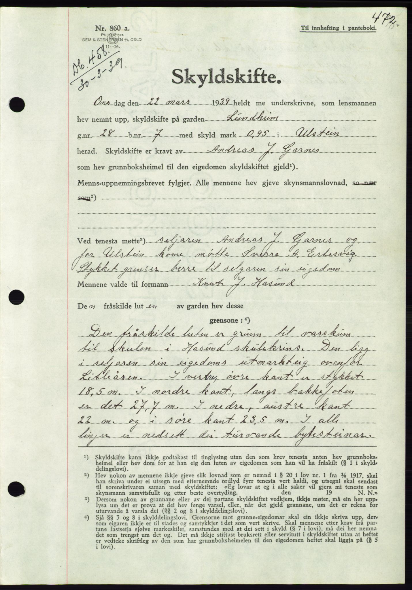 Søre Sunnmøre sorenskriveri, AV/SAT-A-4122/1/2/2C/L0067: Pantebok nr. 61, 1938-1939, Dagboknr: 458/1939