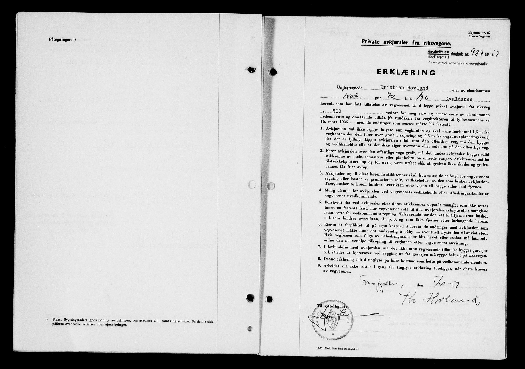 Karmsund sorenskriveri, SAST/A-100311/01/II/IIB/L0124: Pantebok nr. 104A, 1957-1957, Dagboknr: 987/1957
