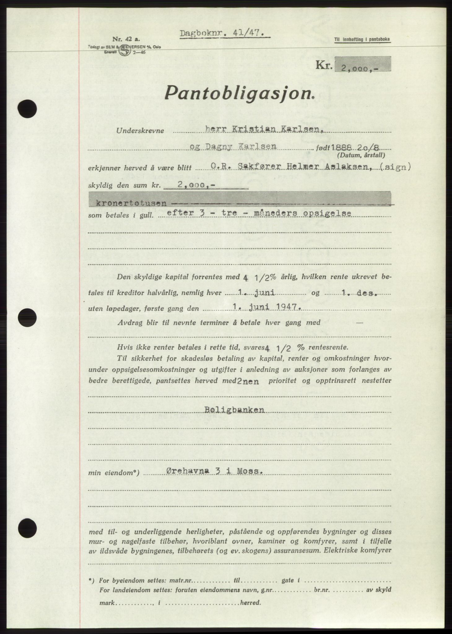 Moss sorenskriveri, SAO/A-10168: Pantebok nr. B16, 1946-1947, Dagboknr: 41/1947