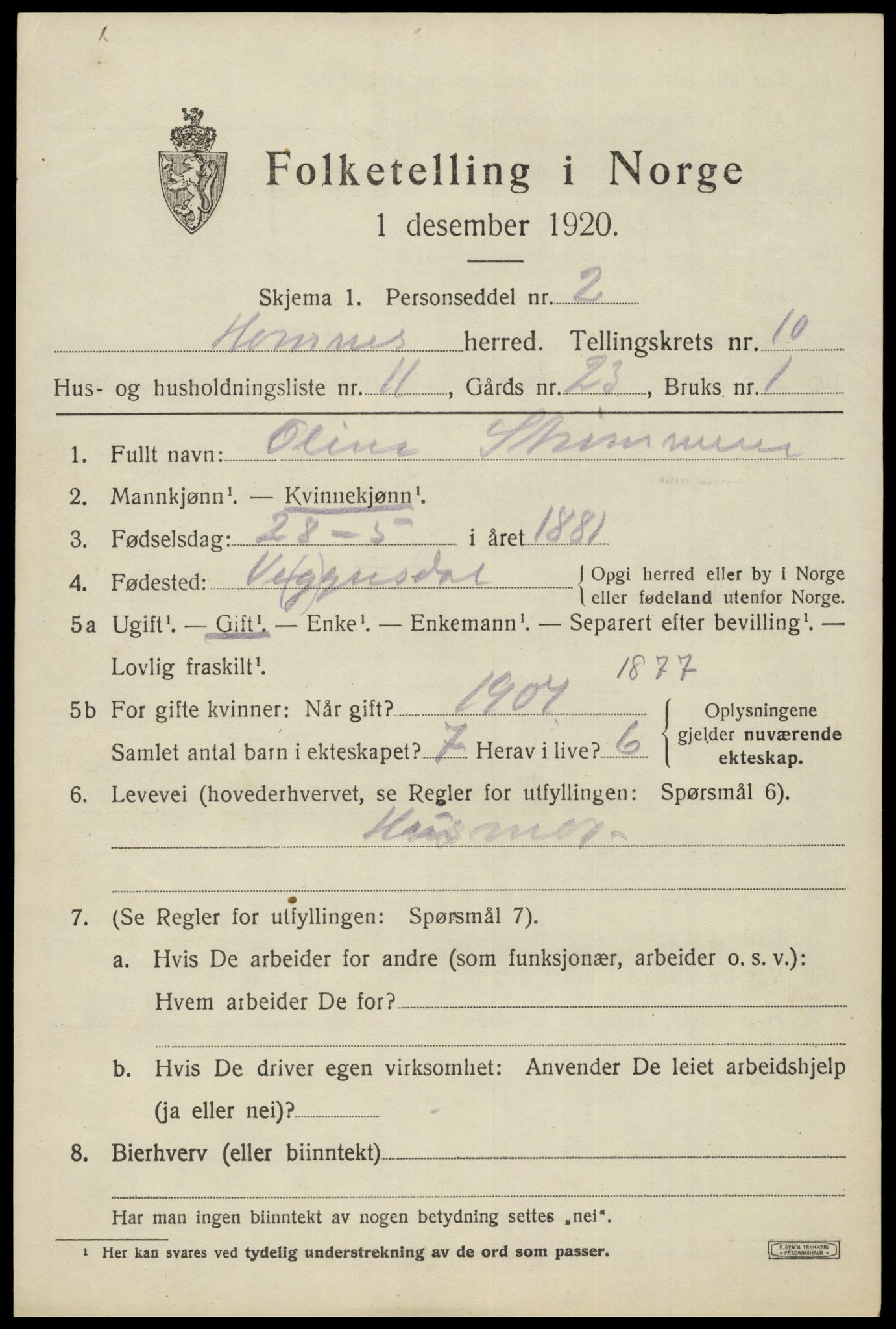 SAK, Folketelling 1920 for 0936 Hornnes herred, 1920, s. 2617
