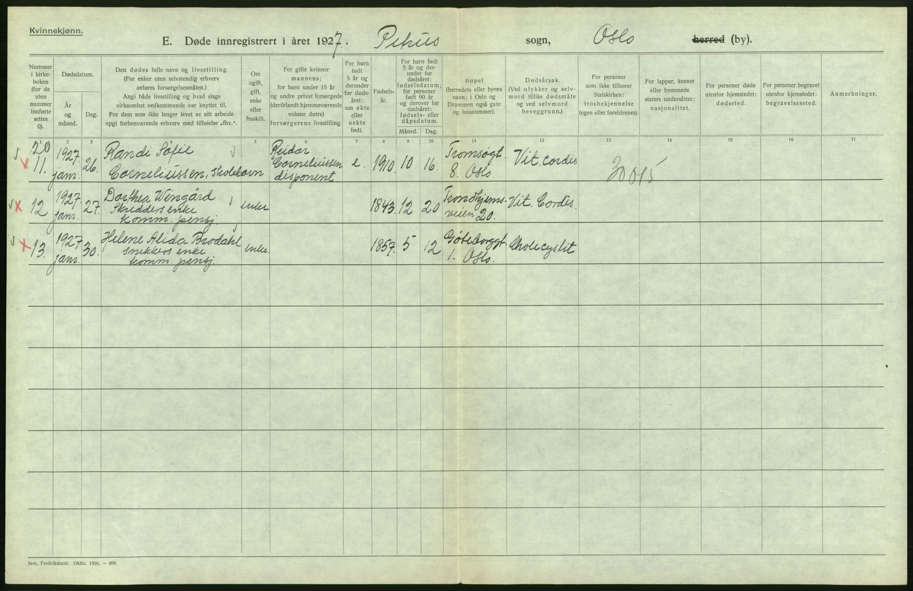 Statistisk sentralbyrå, Sosiodemografiske emner, Befolkning, AV/RA-S-2228/D/Df/Dfc/Dfcg/L0010: Oslo: Døde kvinner, dødfødte, 1927, s. 404