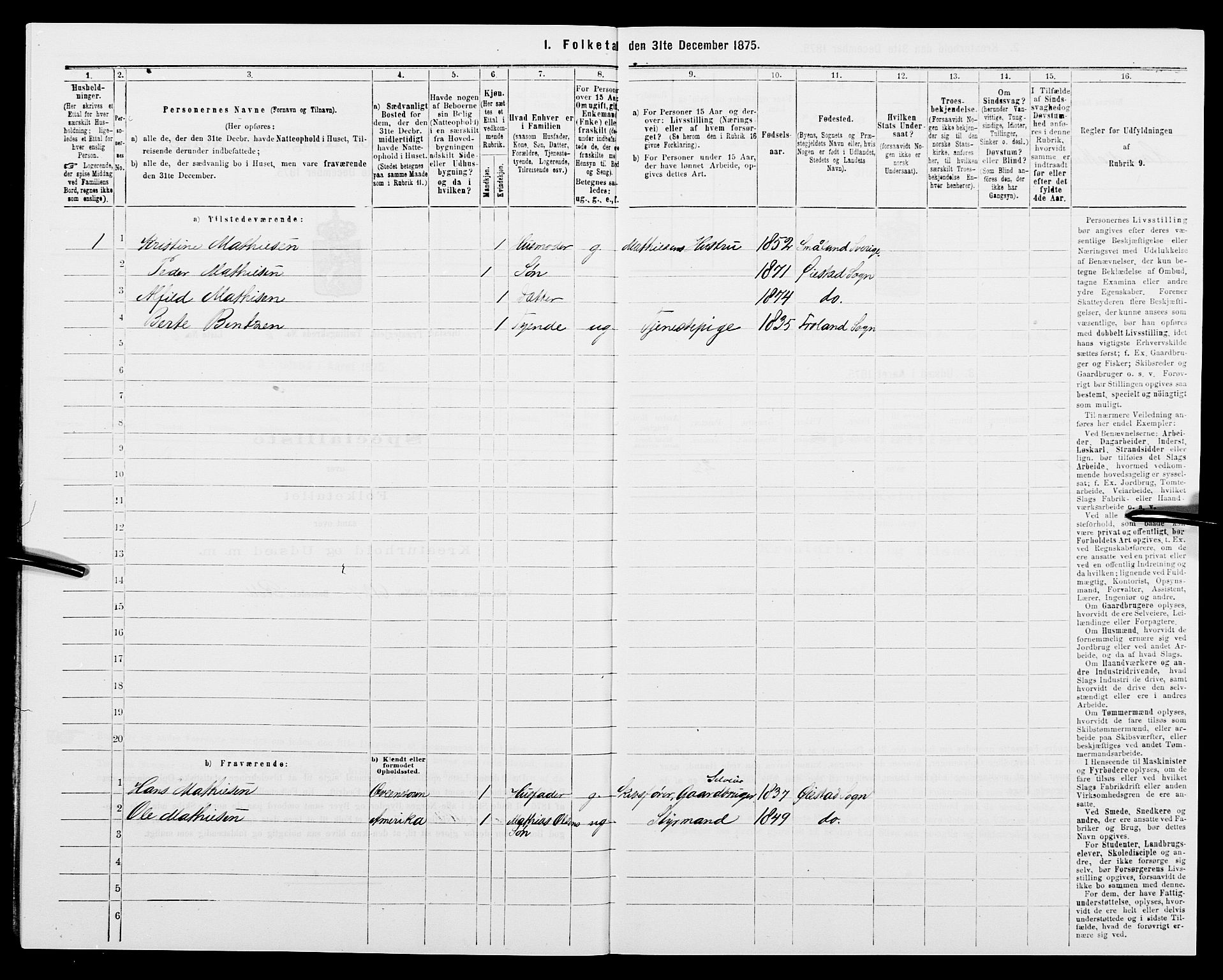 SAK, Folketelling 1875 for 0920P Øyestad prestegjeld, 1875, s. 706