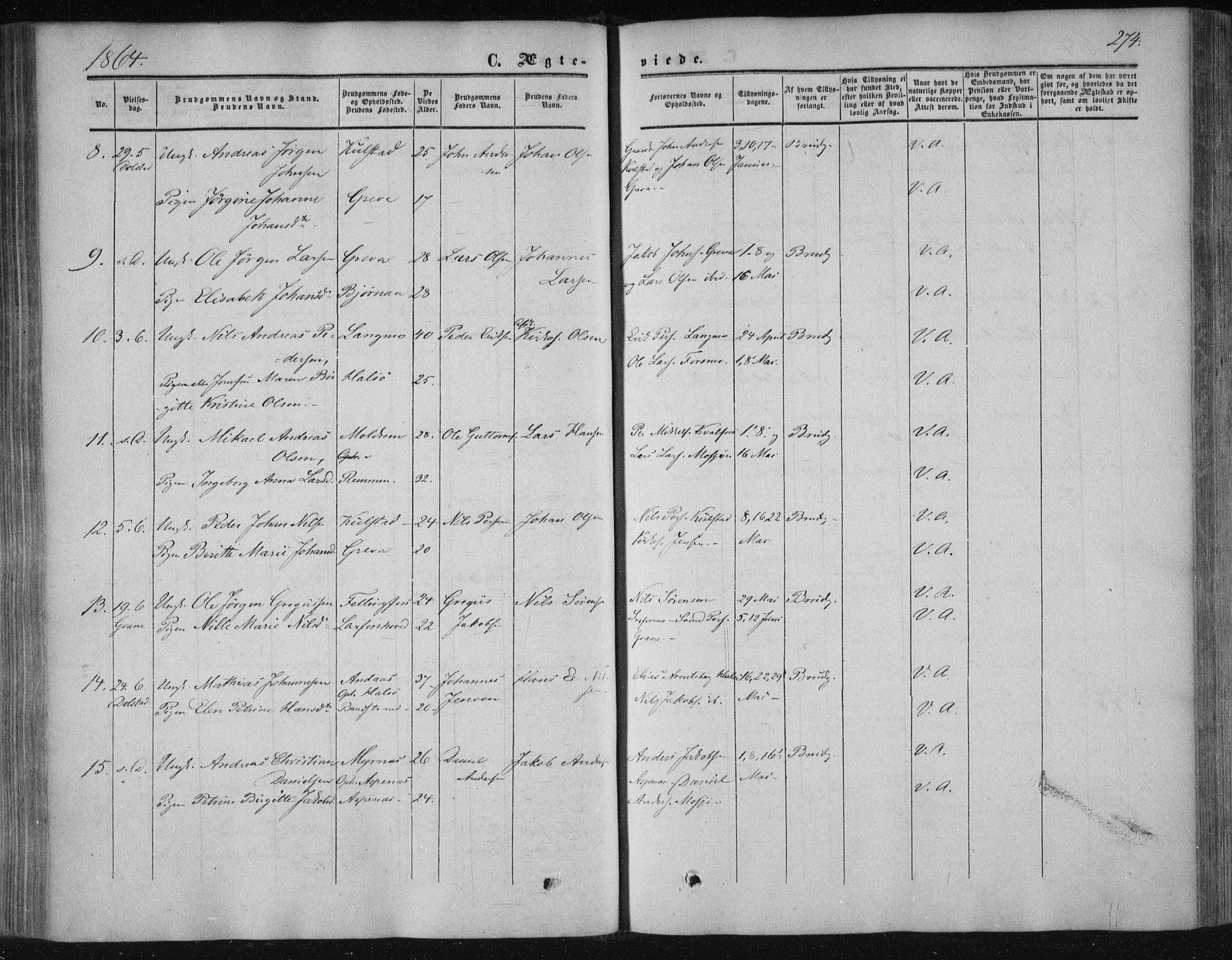 Ministerialprotokoller, klokkerbøker og fødselsregistre - Nordland, AV/SAT-A-1459/820/L0293: Ministerialbok nr. 820A14, 1855-1865, s. 274