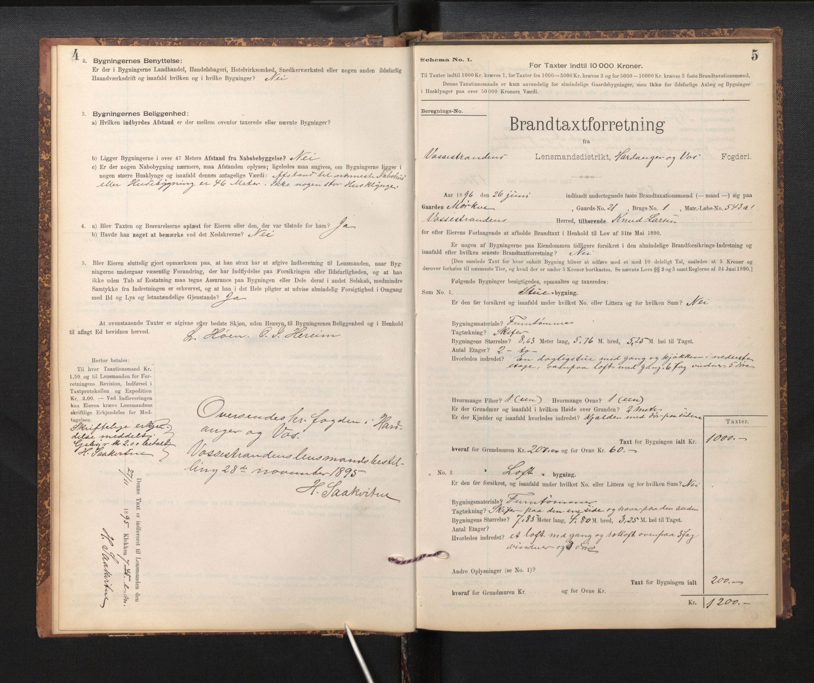 Lensmannen i Vossestrand, SAB/A-35901/0012/L0001b: Branntakstprotokoll, skjematakst, 1895-1928, s. 4-5