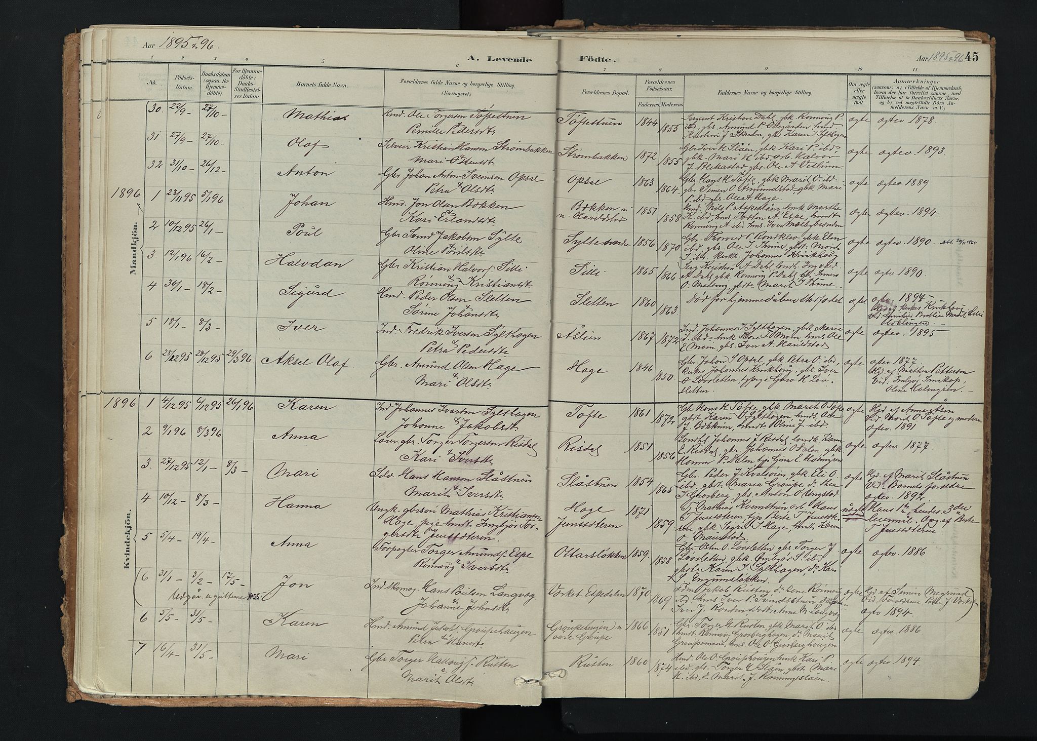 Nord-Fron prestekontor, AV/SAH-PREST-080/H/Ha/Haa/L0005: Ministerialbok nr. 5, 1884-1914, s. 45