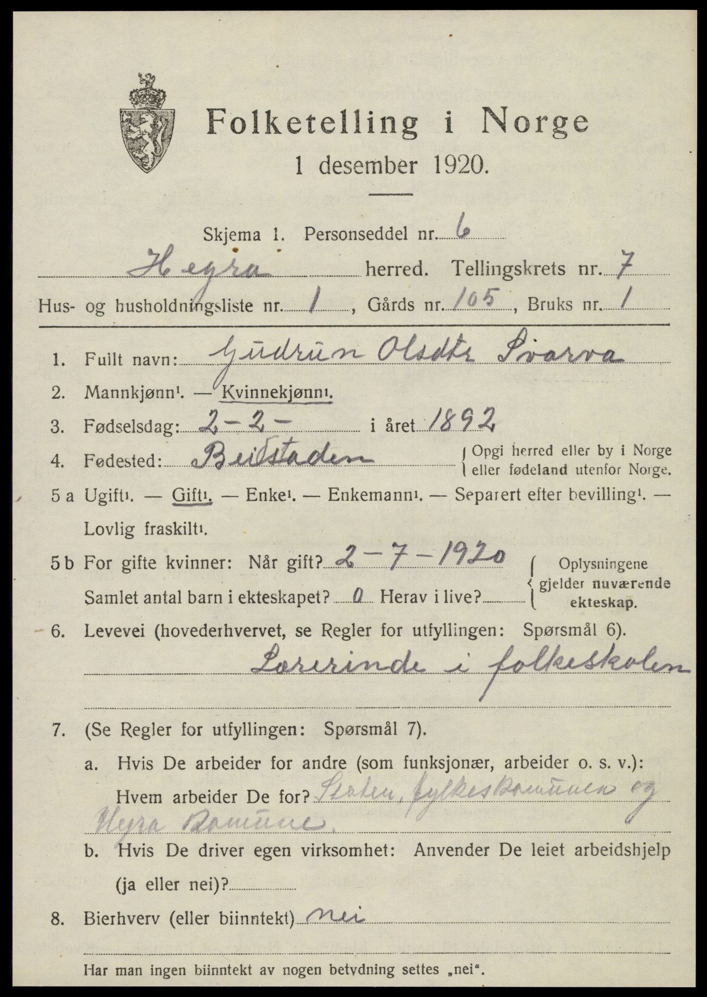 SAT, Folketelling 1920 for 1712 Hegra herred, 1920, s. 5156