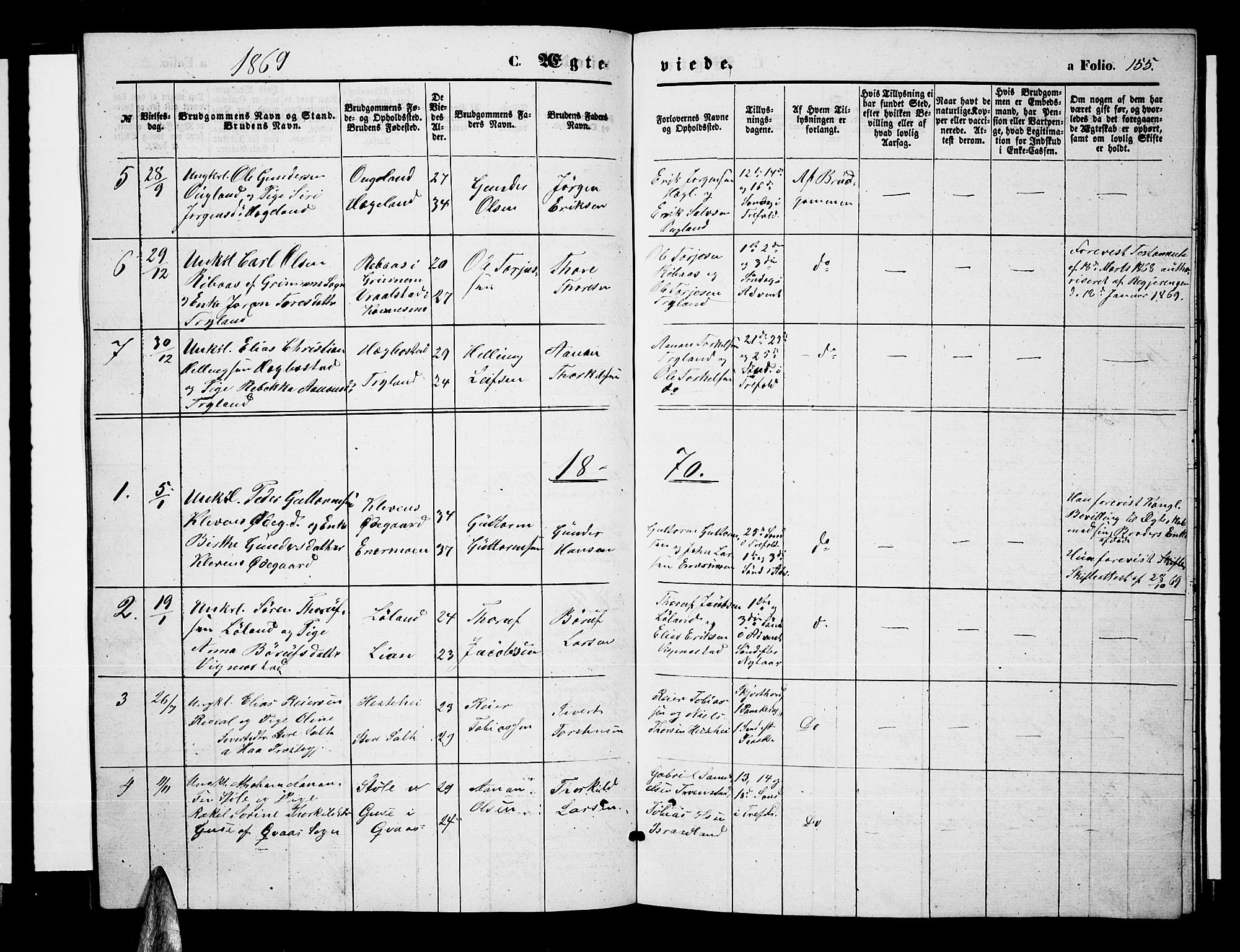 Nord-Audnedal sokneprestkontor, AV/SAK-1111-0032/F/Fb/Fbb/L0002: Klokkerbok nr. B 2, 1859-1882, s. 155