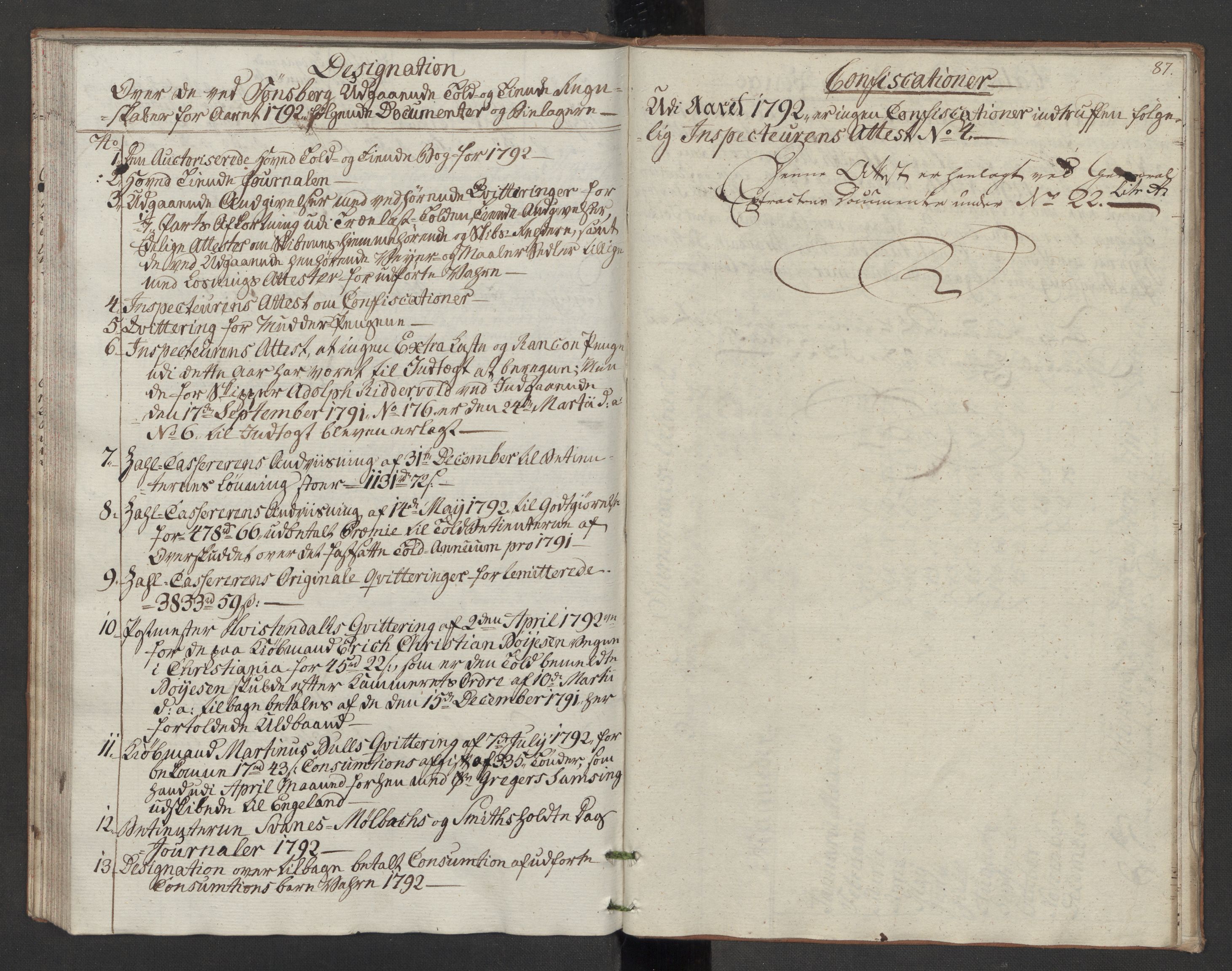 Generaltollkammeret, tollregnskaper, RA/EA-5490/R10/L0054/0002: Tollregnskaper Tønsberg / Utgående tollbok, 1790-1792, s. 86b-87a
